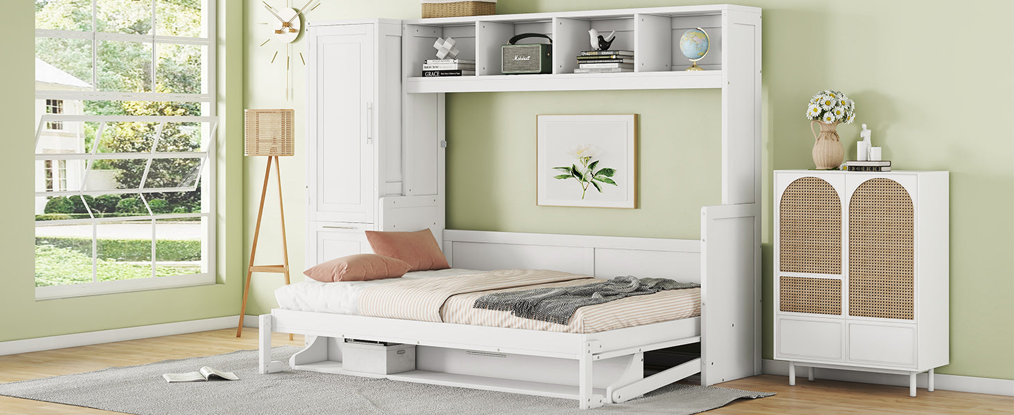 Full Size Murphy Bed Wall Bed With Closet And Drawers,White White Mdf Lvl