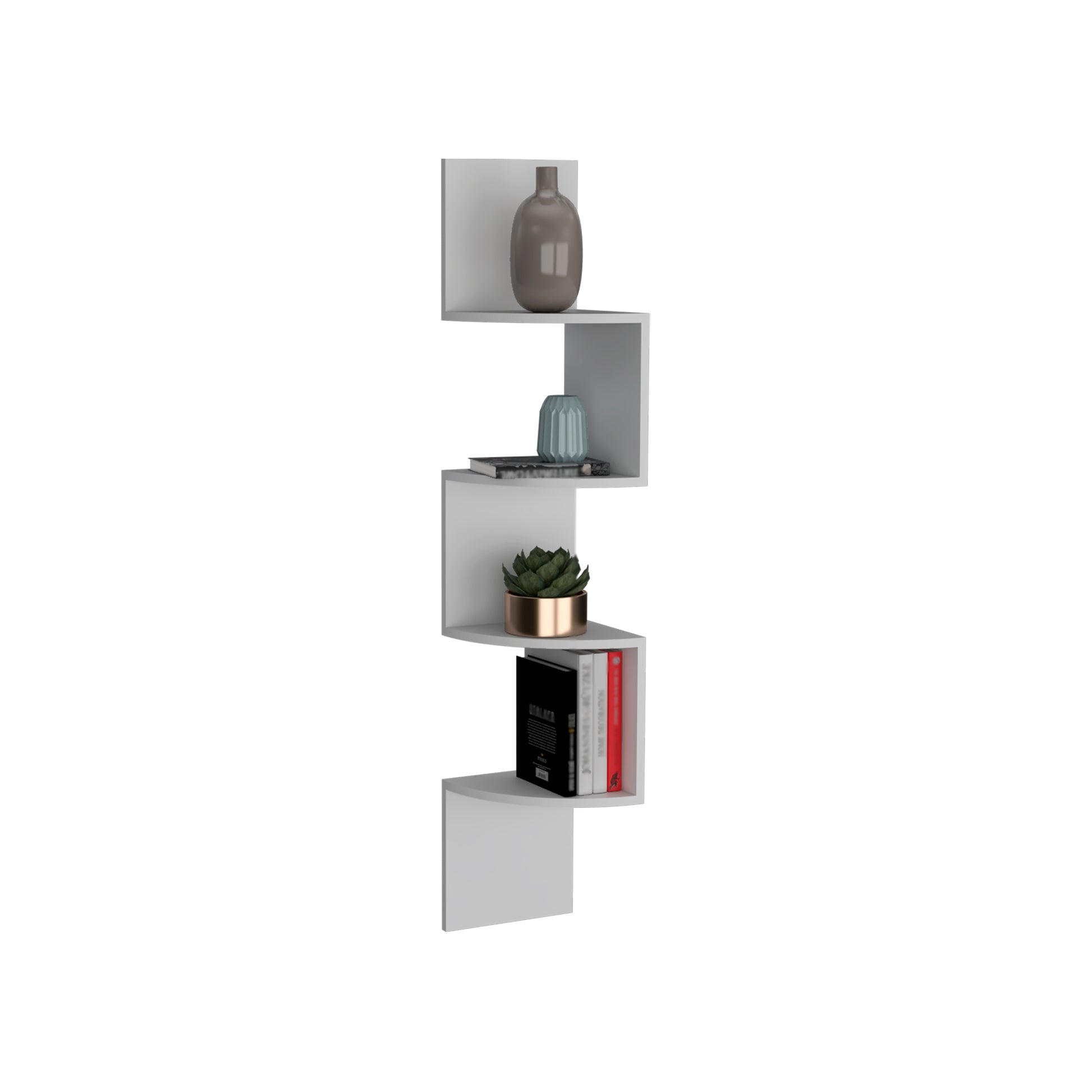 Roy Corner Floating Shelf, Modern 4 Tier Display, White White Particle Board Pine