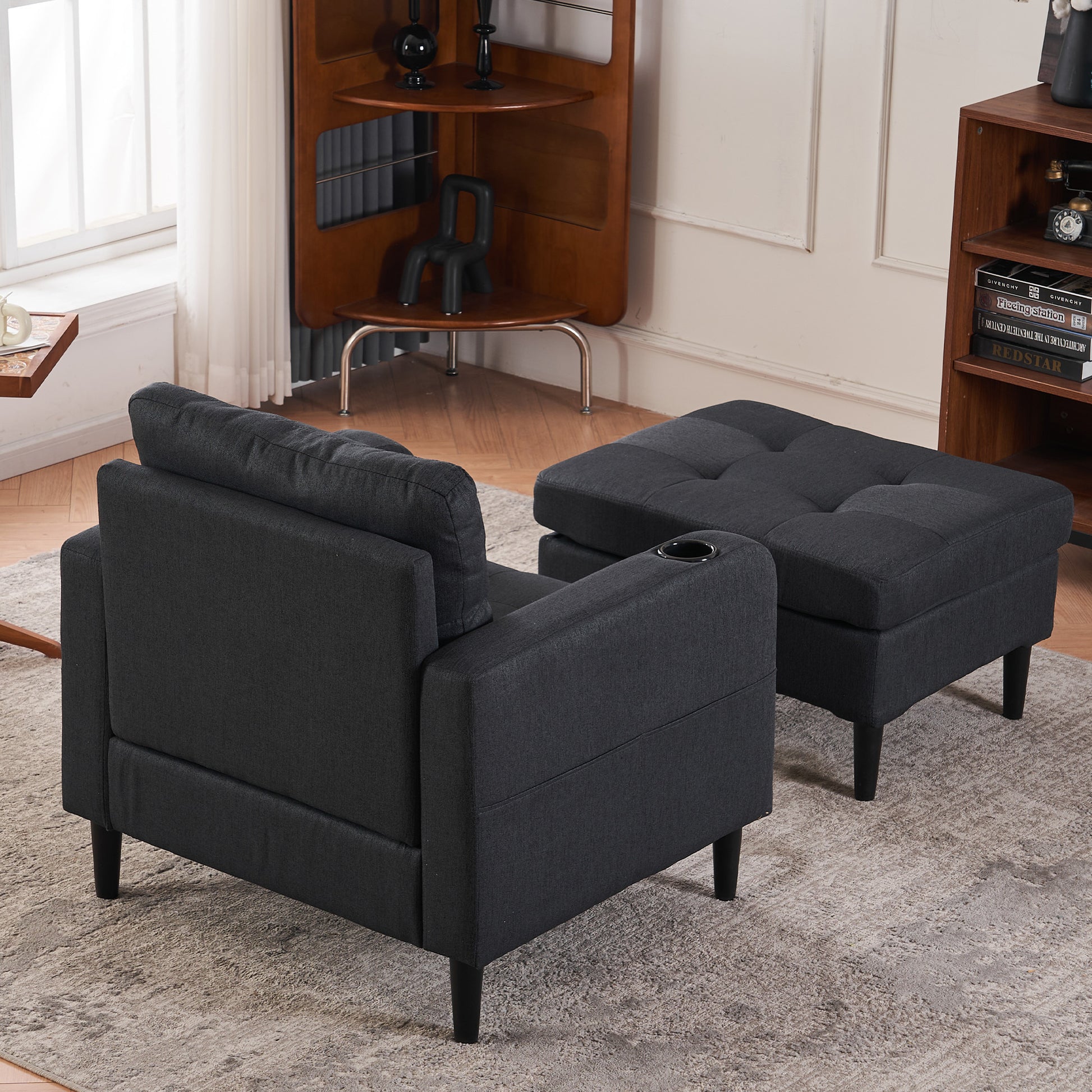Dark Gray Upholstered Armchair And Storage Ottoman Set Comfortable Single Sofa With Cup Holders And Tufted Detailing, Ideal For Living Room Or Bedroom Dark Gray Foam Metal