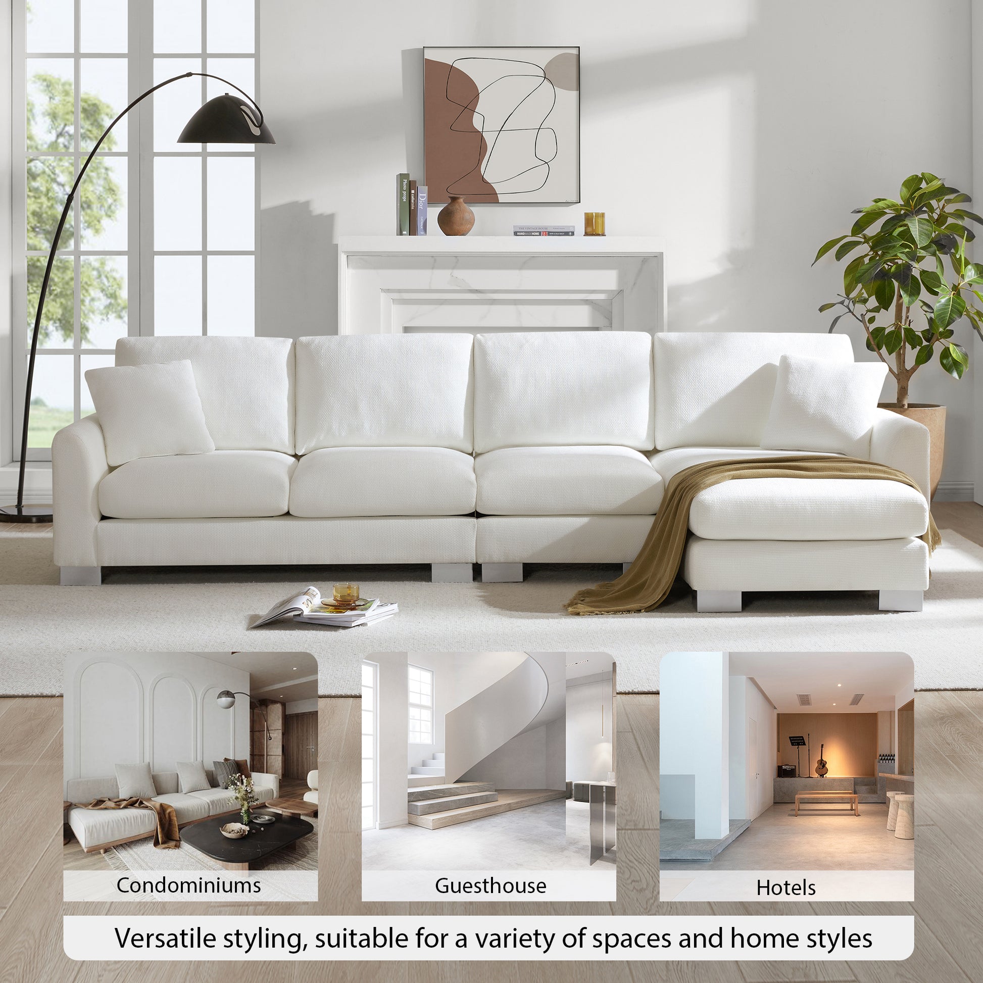 119*55" Modern Oversized Sectional Sofa,L Shaped Luxury Couch Set With 2 Free Pillows,5 Seat Chenille Indoor Furniture With Chaise For Living Room,Apartment,Office,2 Colors White Chenille