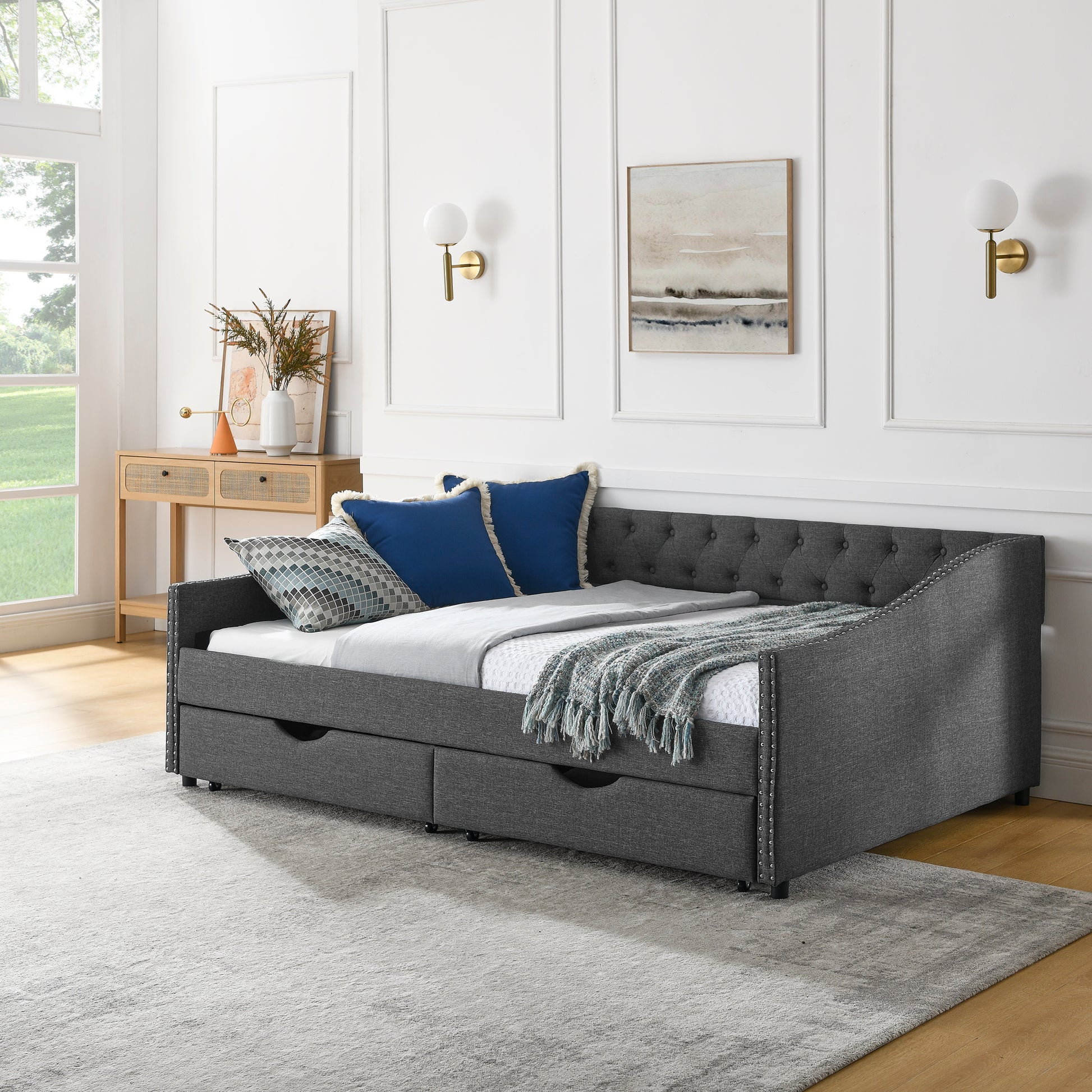 Full Size Daybed With Drawers Upholstered Tufted Sofa Bed, With Button On Back And Copper Nail On Waved Shape Arms 80.5''X55.5''X27.5'' Dark Grey Linen