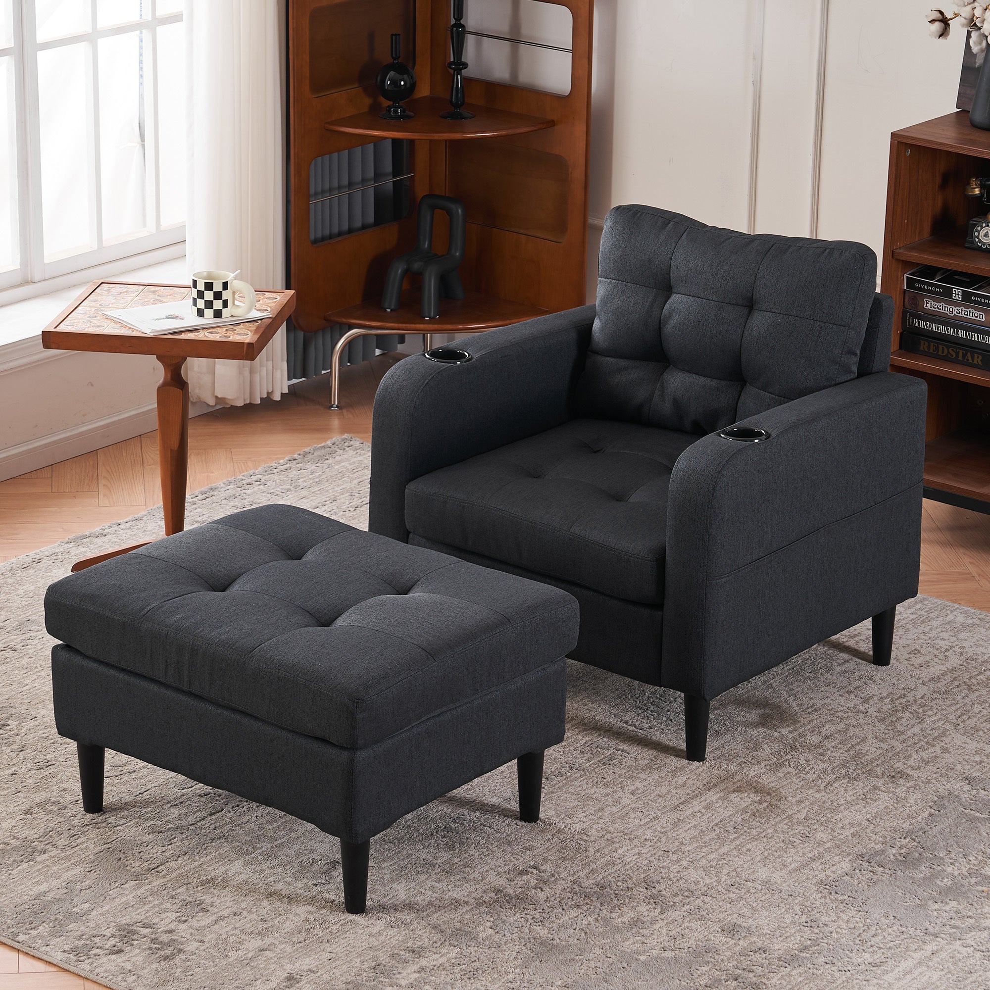 Dark Gray Upholstered Armchair And Storage Ottoman Set Comfortable Single Sofa With Cup Holders And Tufted Detailing, Ideal For Living Room Or Bedroom Dark Gray Foam Metal