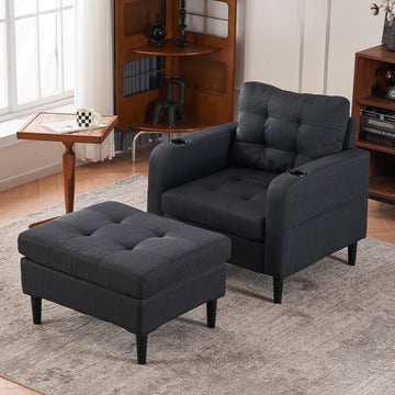 Dark Gray Upholstered Armchair And Storage Ottoman Set Comfortable Single Sofa With Cup Holders And Tufted Detailing, Ideal For Living Room Or Bedroom Dark Gray Foam Metal