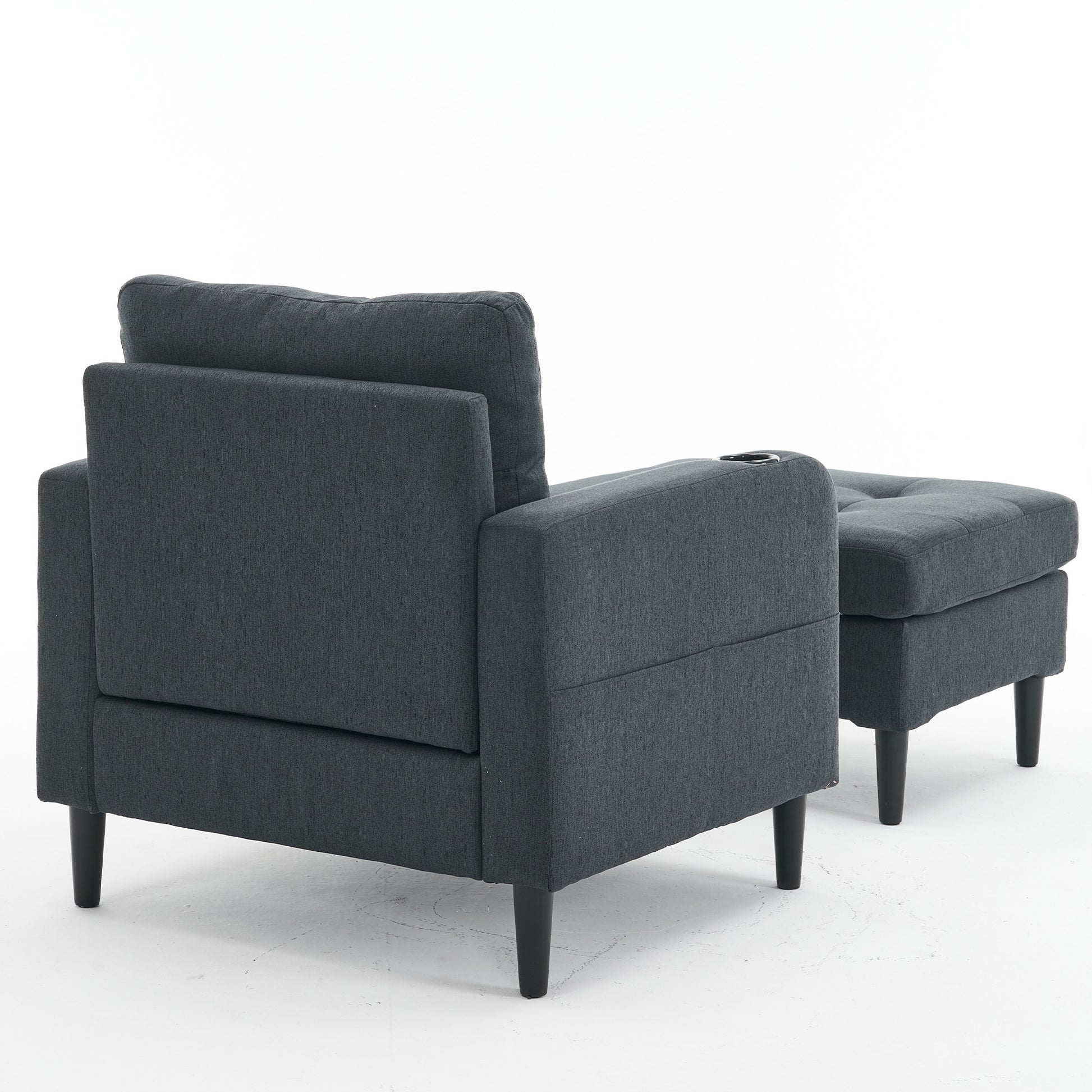 Dark Gray Upholstered Armchair And Storage Ottoman Set Comfortable Single Sofa With Cup Holders And Tufted Detailing, Ideal For Living Room Or Bedroom Dark Gray Foam Metal