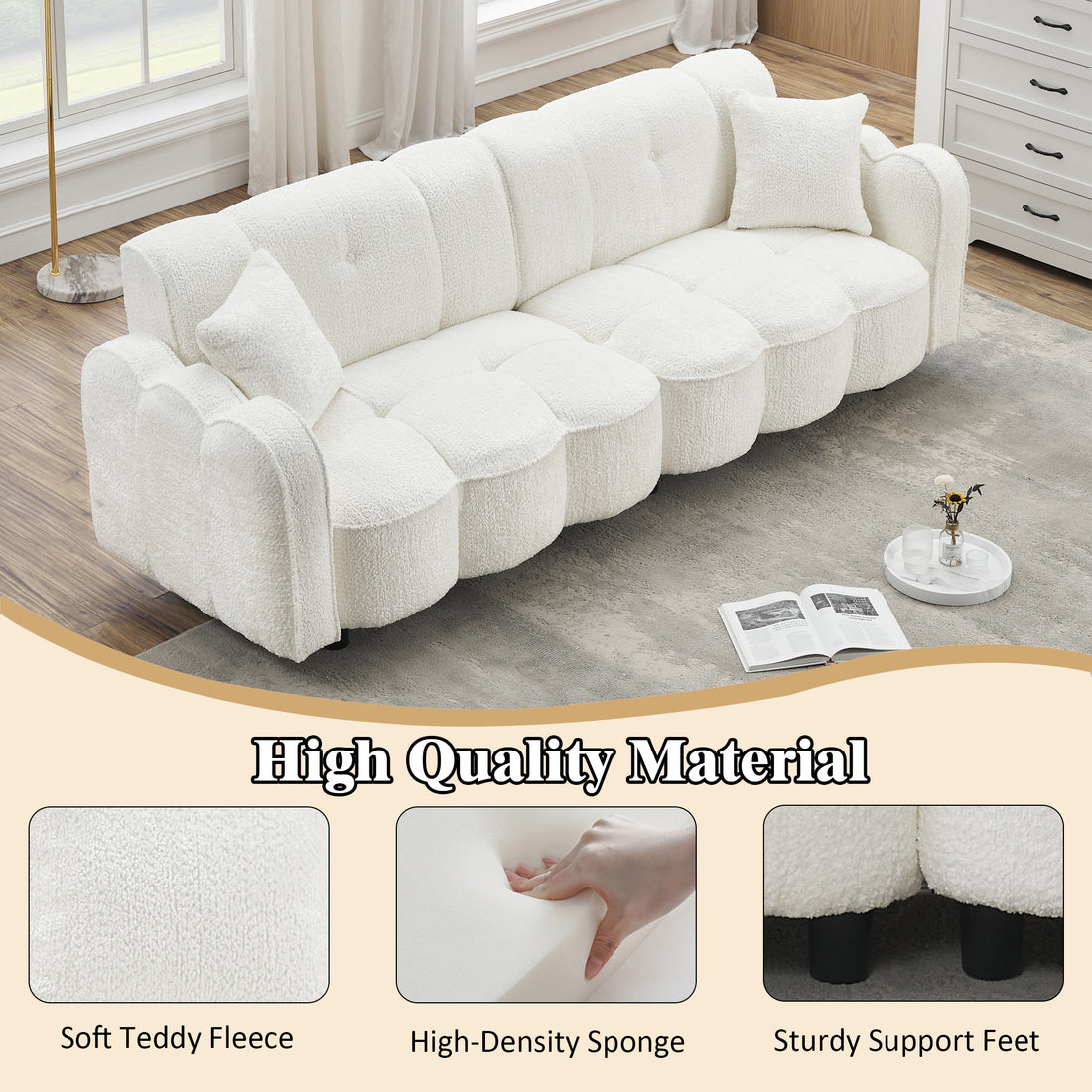 96.06 Inch Large Teddy Plush Sofa For Living Room And Entertainment Space. White Brown Velvet Wood Primary Living Space Medium Soft Loose Back Contemporary Eucalyptus Pillow Top Arms Foam Foam 3 Seat