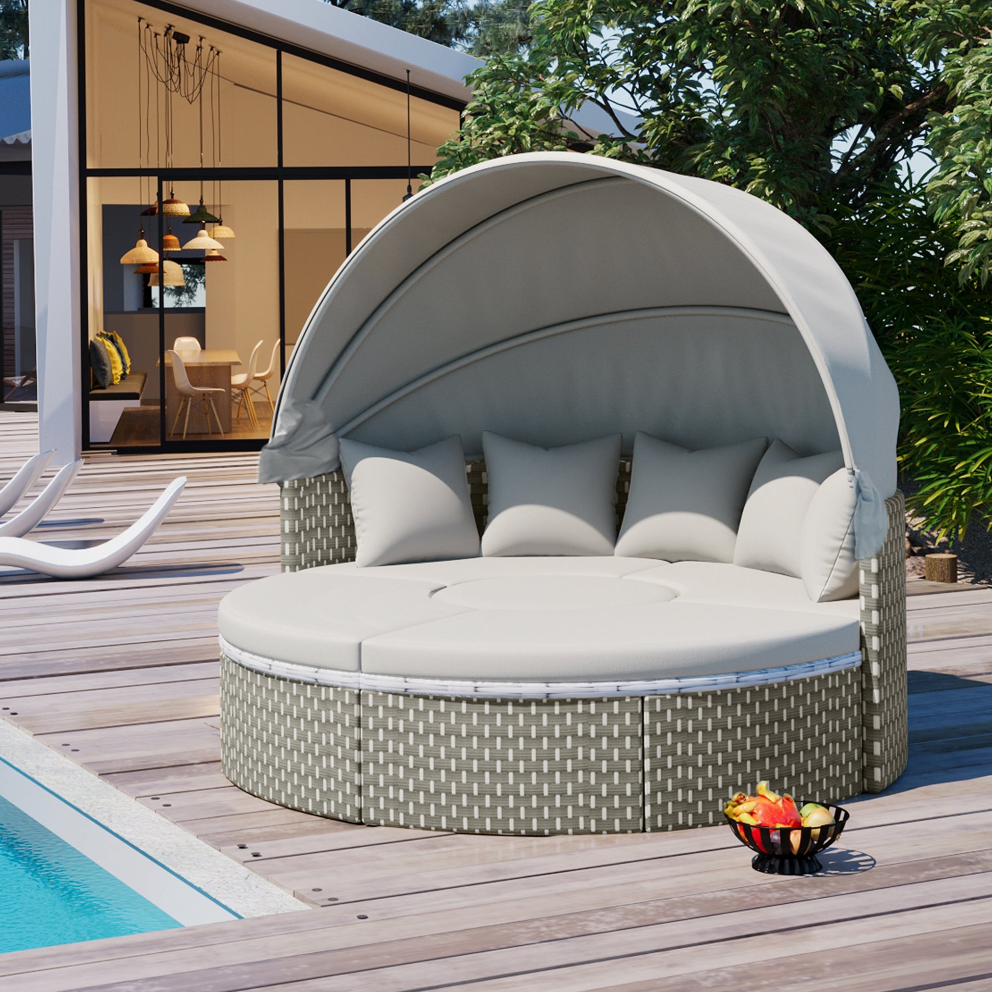Patio Furniture Round Outdoor Sectional Sofa Set Rattan Daybed Two Tone Weave Sunbed With Retractable Canopy, Separate Seating And Removable Cushion, Gray Yes Sectional Gray Weather Resistant Frame Water Resistant Cushion Garden & Outdoor Luxury