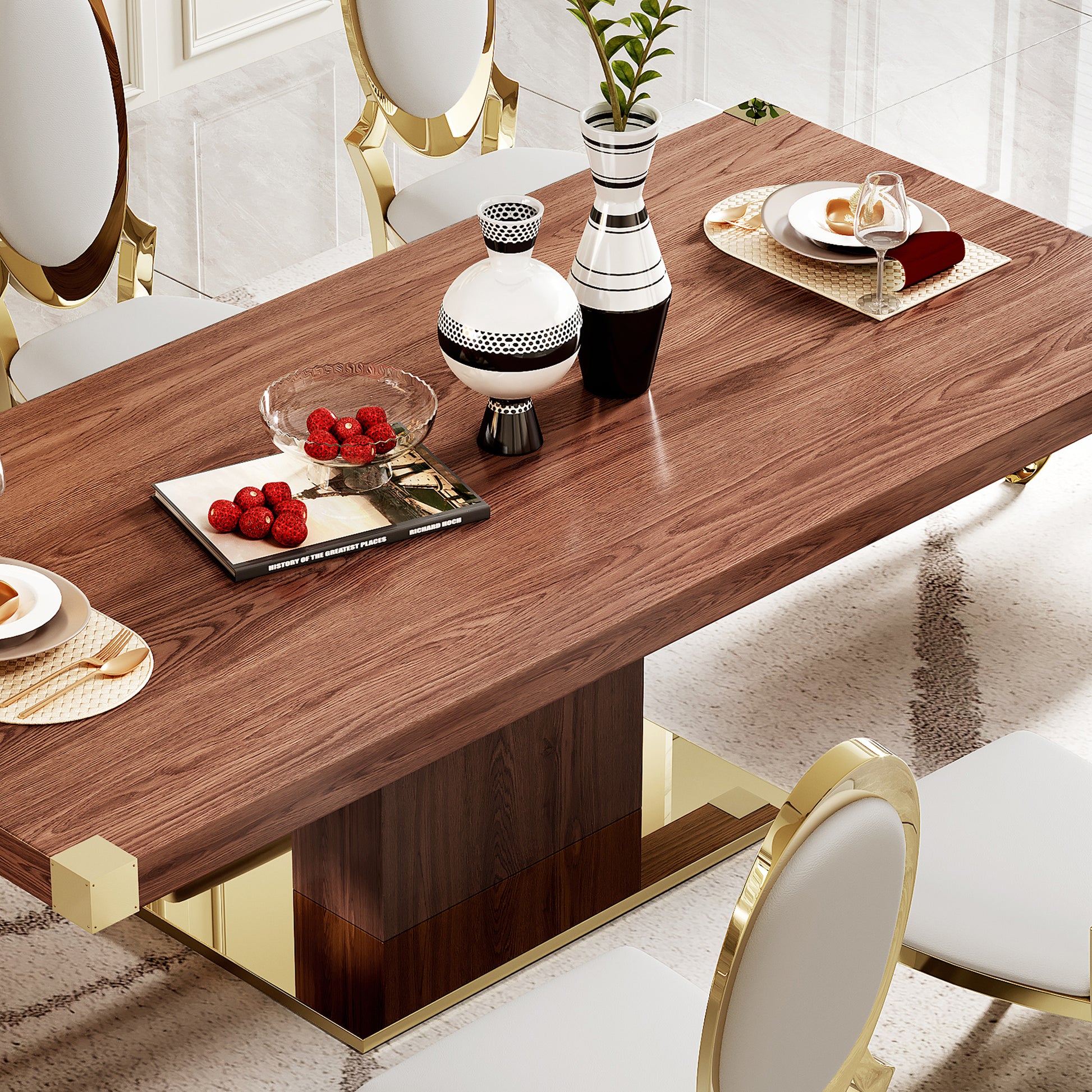 Mdf Top Dining Table With Gold Finish Corner, Mdf Pillar And Gold Finish Stainless Steel Base Walnut Brown Mdf