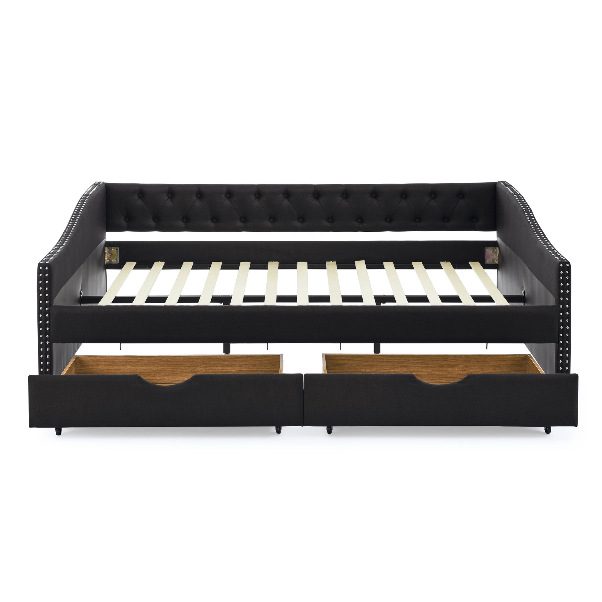 Queen Size Daybed With Drawers Upholstered Tufted Sofa Bed,With Button On Back And Copper Nail On Waved Shape Arms 84.5"X63.5"X26.5" Black Linen