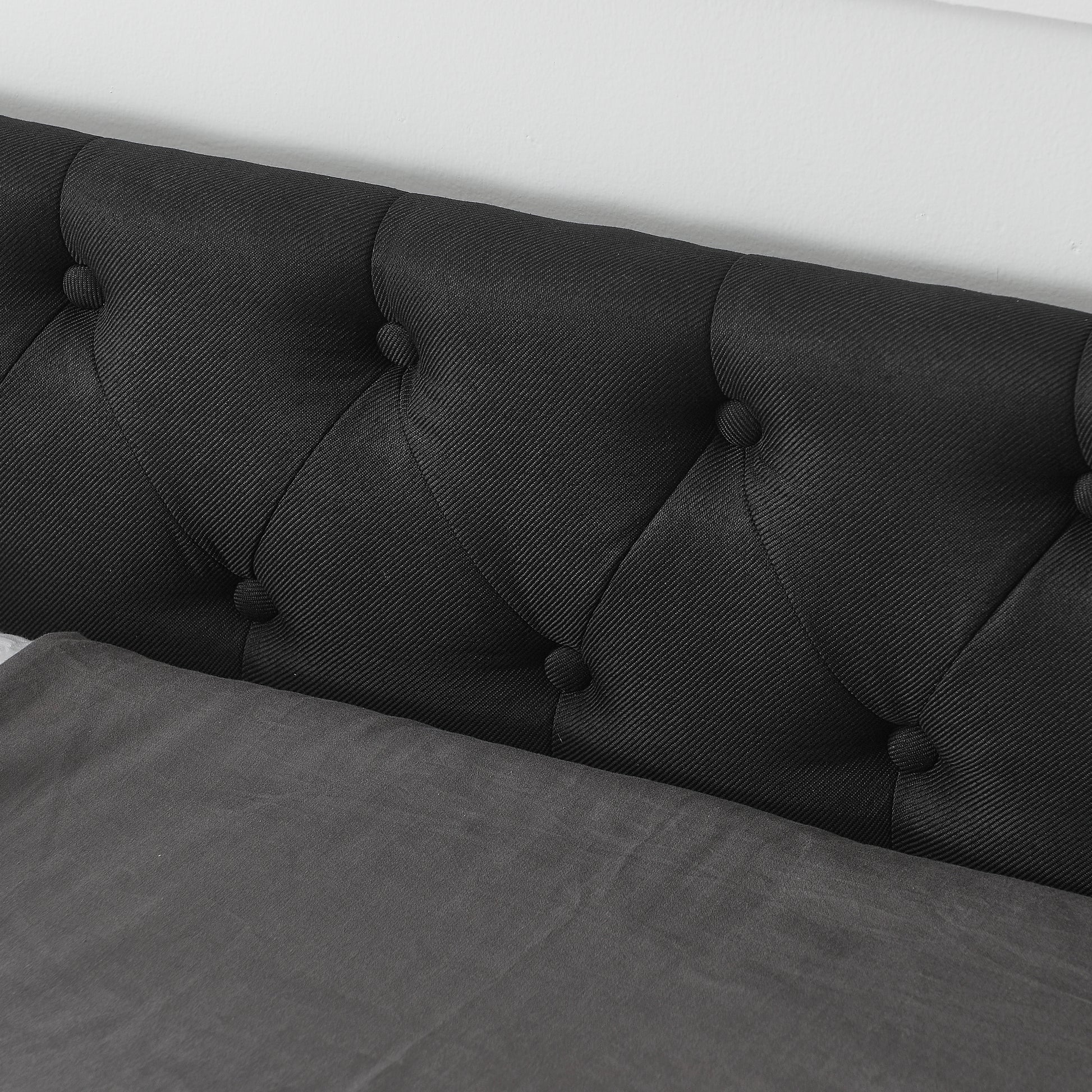Queen Size Daybed With Drawers Upholstered Tufted Sofa Bed,With Button On Back And Copper Nail On Waved Shape Arms 84.5"X63.5"X26.5" Black Linen