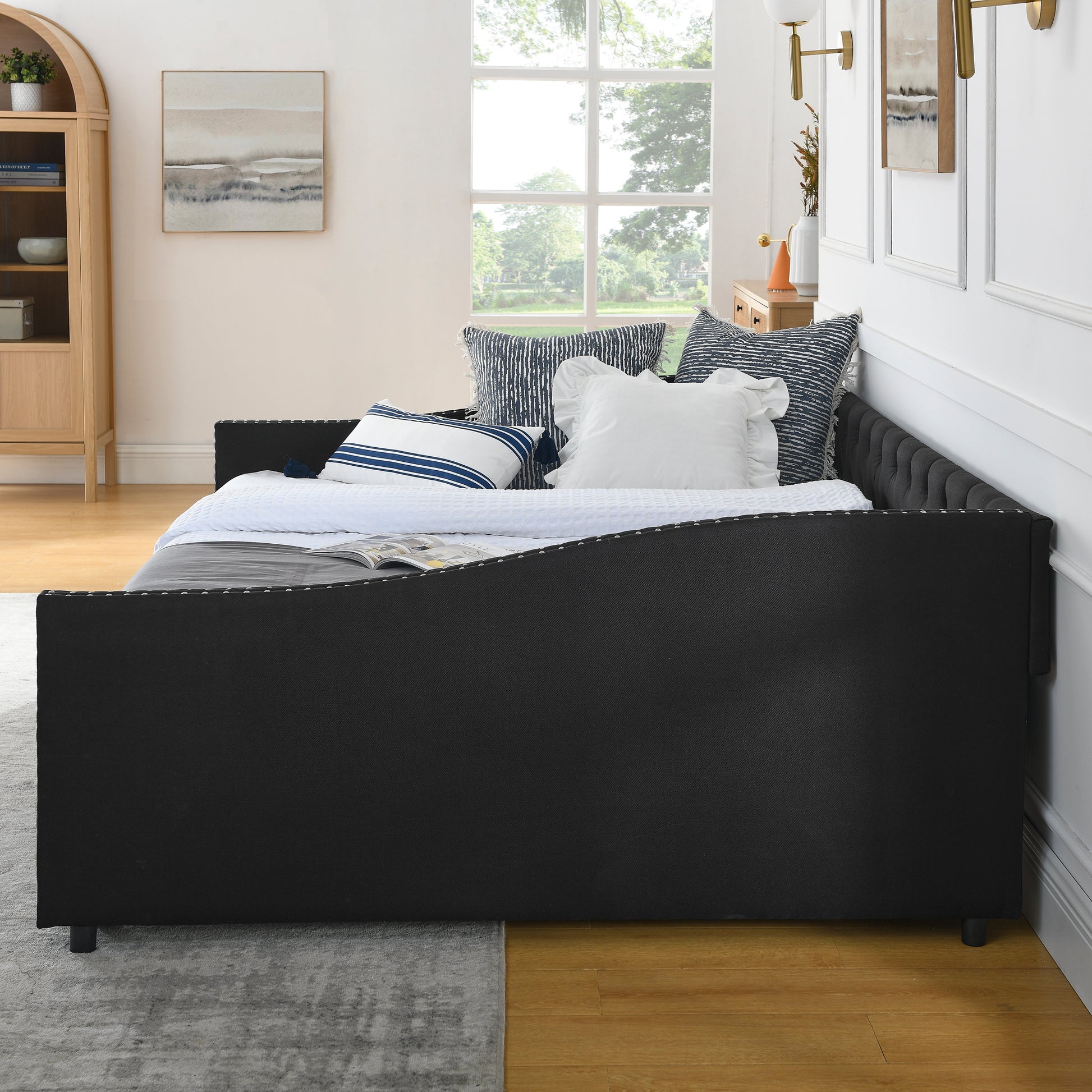 Queen Size Daybed With Drawers Upholstered Tufted Sofa Bed,With Button On Back And Copper Nail On Waved Shape Arms 84.5"X63.5"X26.5" Black Linen