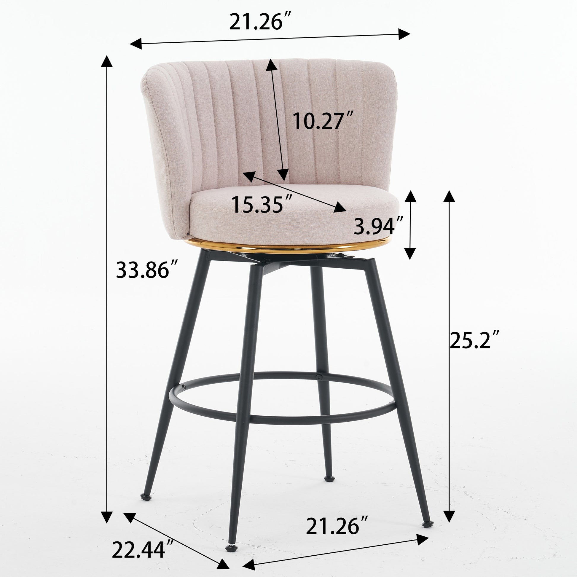 Set Of 2 Beige Swivel Bar Stools High Back, Adjustable, Upholstered With Elegant Metal Back Accents For Kitchen, Bar, Or Dining Room Beige Metal