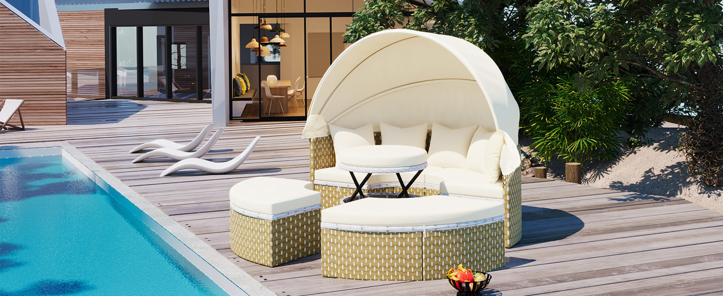 Patio Furniture Round Outdoor Sectional Sofa Set Rattan Daybed Two Tone Weave Sunbed With Retractable Canopy, Separate Seating And Removable Cushion, Beige Yes Sectional Beige Weather Resistant Frame Water Resistant Cushion Garden & Outdoor Luxury
