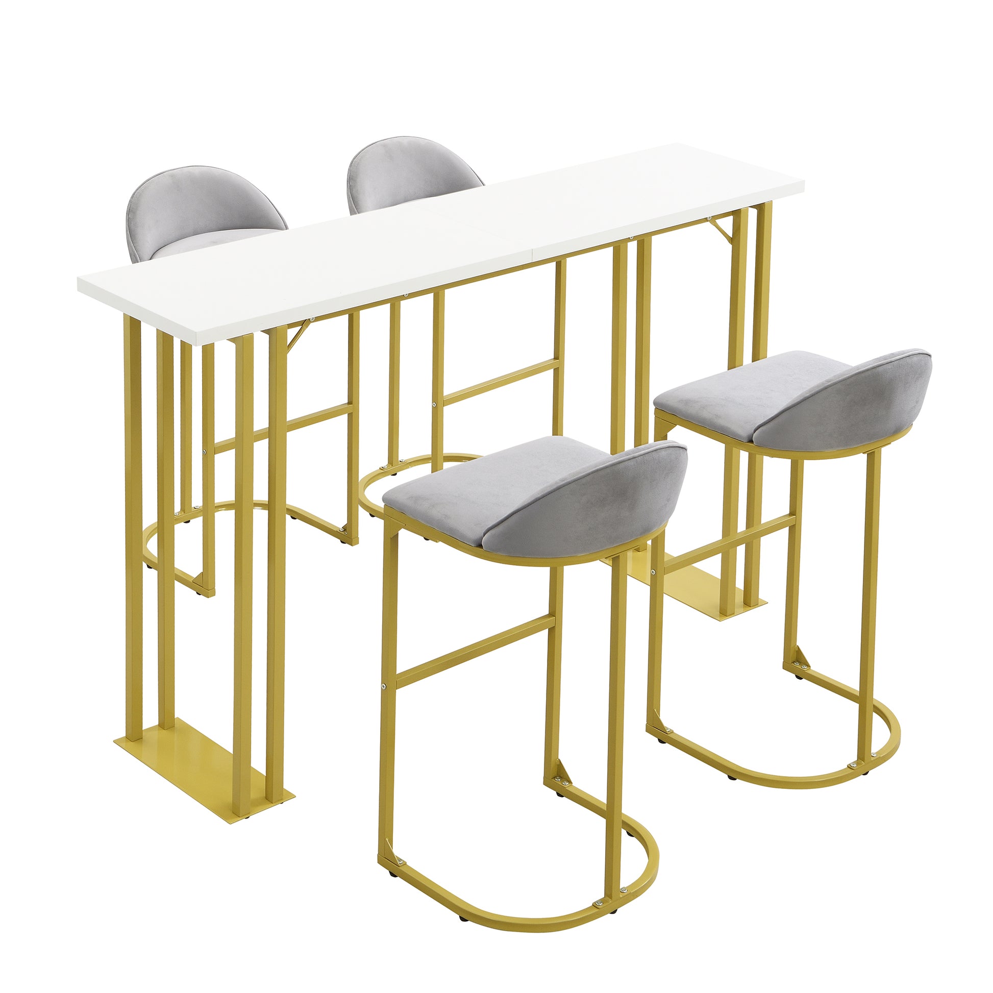 5 Pcs Bar Table And Chairs Set, Modern Gold White Table With 4 Velvet Cushion Bar Stools, Kitchen Counter High Top Table, Breakfast Table Set, Space Saving Table For Home & Kitchen, Gold Frame Metal Grey White Seats 4 Metal Dining Room Contemporary