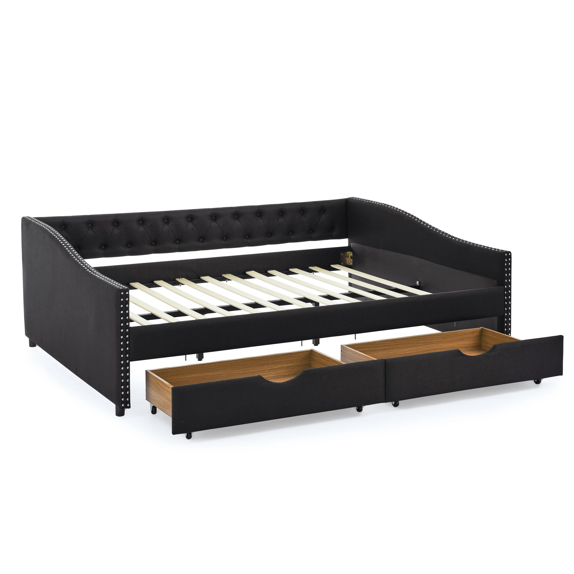 Queen Size Daybed With Drawers Upholstered Tufted Sofa Bed,With Button On Back And Copper Nail On Waved Shape Arms 84.5"X63.5"X26.5" Black Linen