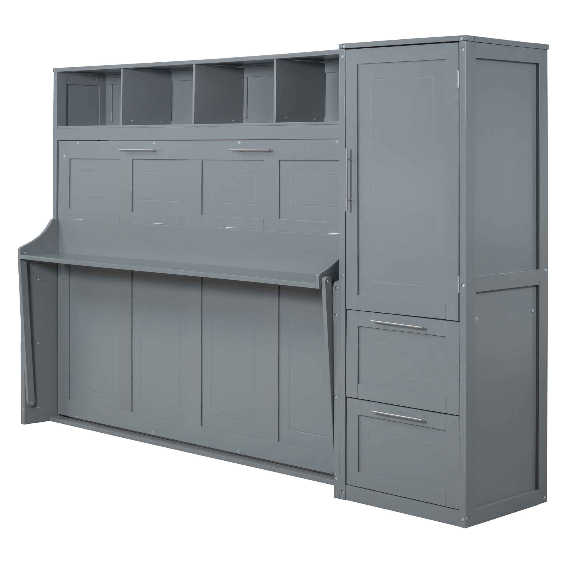 Queen Size Murphy Bed Wall Bed With Closet And Drawers,Gray Gray Mdf Lvl