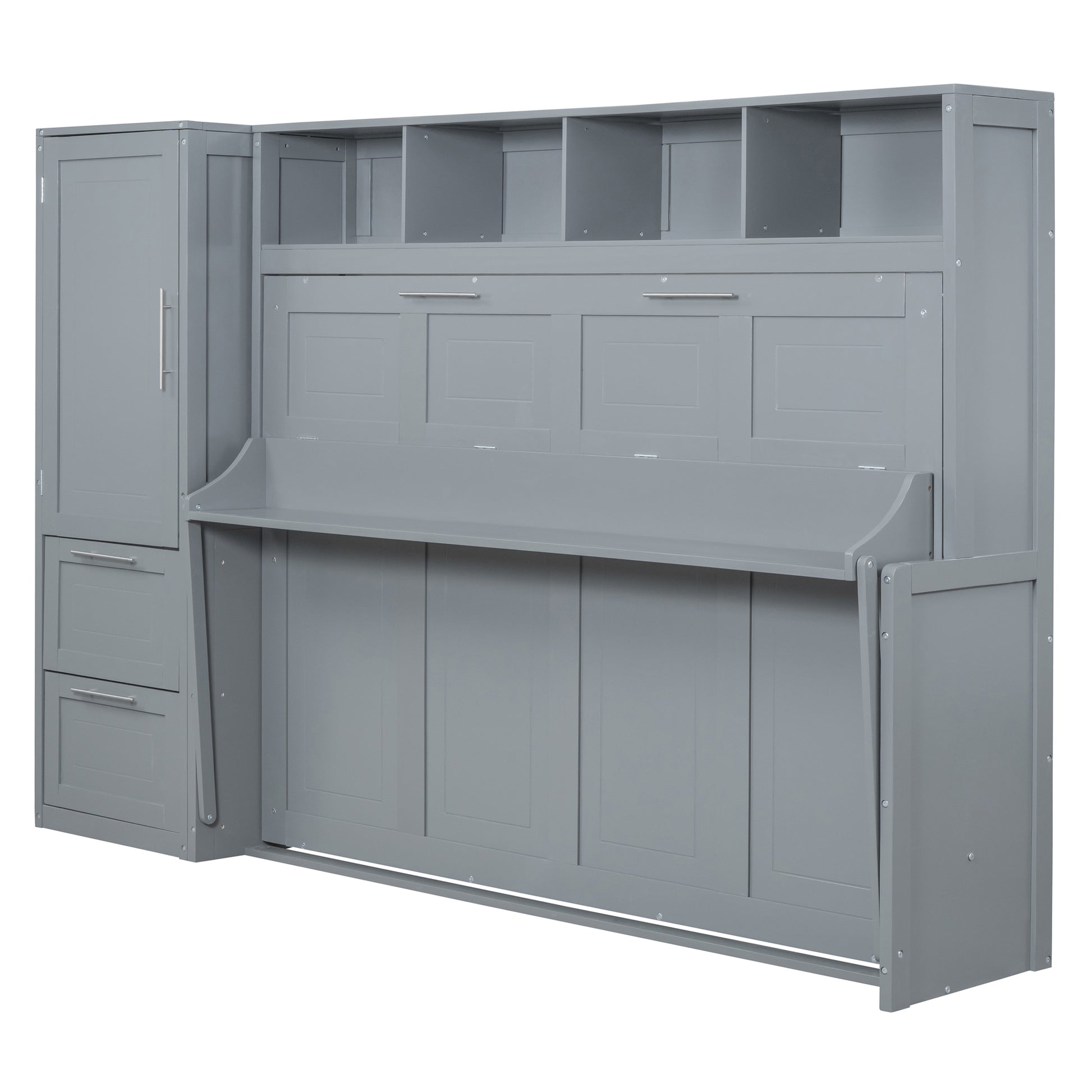 Queen Size Murphy Bed Wall Bed With Closet And Drawers,Gray Gray Mdf Lvl