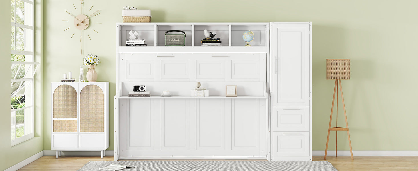 Full Size Murphy Bed Wall Bed With Closet And Drawers,White White Mdf Lvl