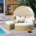 Patio Furniture Round Outdoor Sectional Sofa Set Rattan Daybed Two Tone Weave Sunbed With Retractable Canopy, Separate Seating And Removable Cushion, Beige Yes Sectional Beige Weather Resistant Frame Water Resistant Cushion Garden & Outdoor Luxury