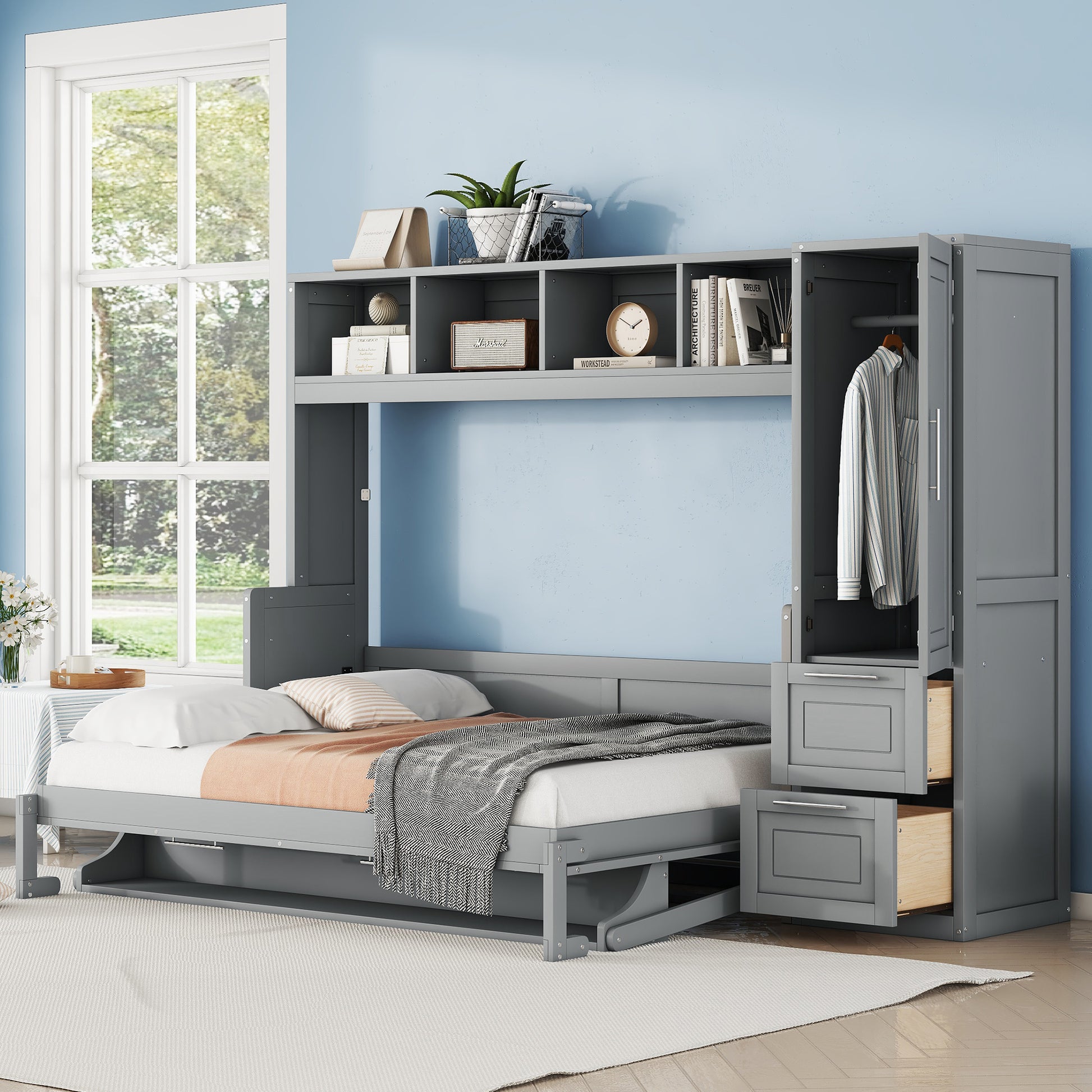 Full Size Murphy Bed Wall Bed With Closet And Drawers,Gray Gray Mdf Lvl