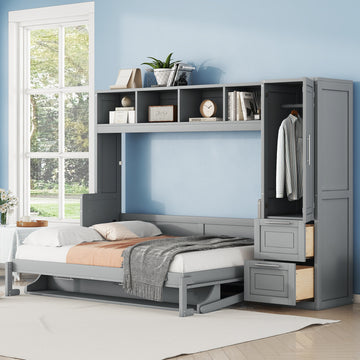 Full Size Murphy Bed Wall Bed With Closet And Drawers,Gray Gray Mdf Lvl