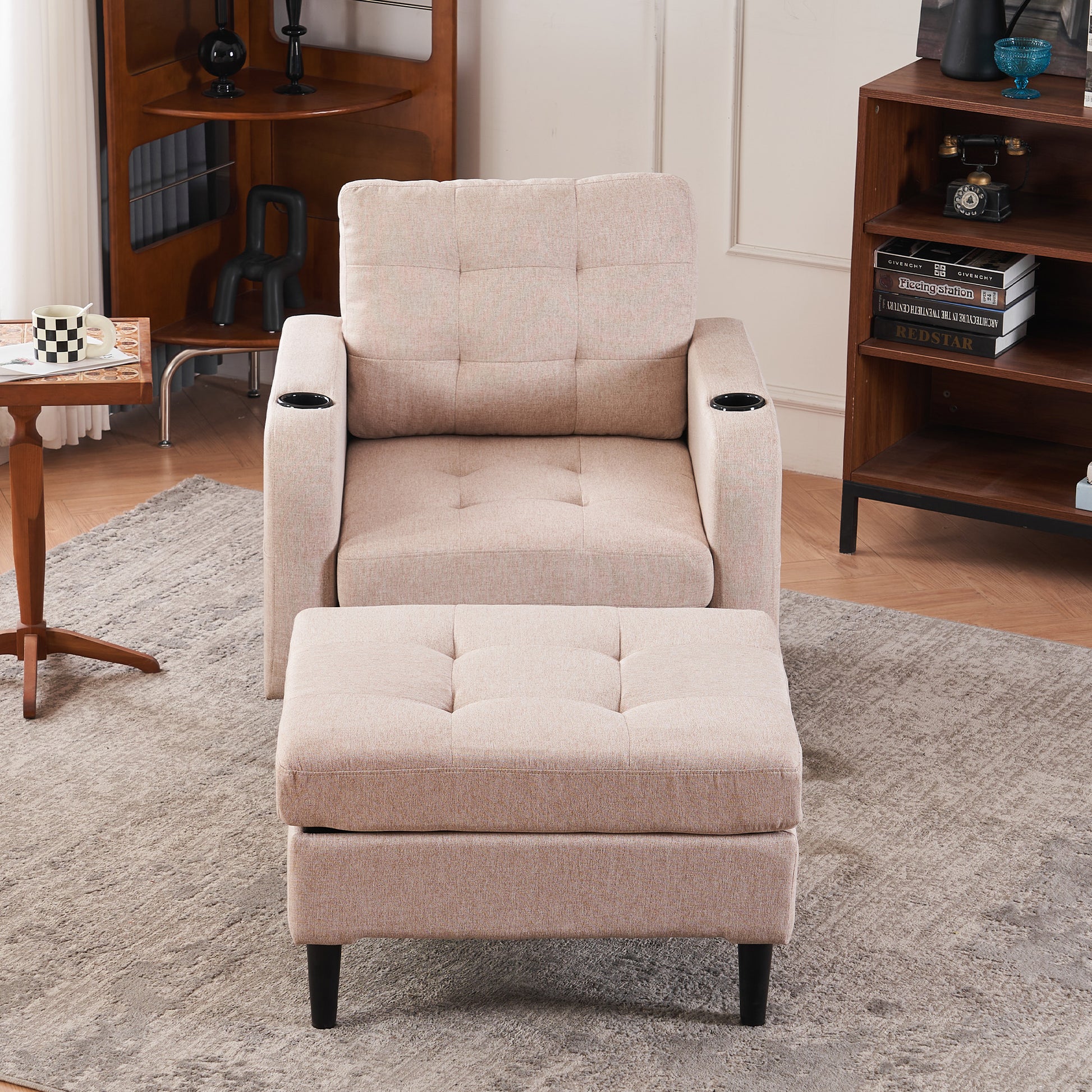 Beige Upholstered Armchair And Storage Ottoman Set Comfortable Single Sofa With Cup Holders And Tufted Detailing, Ideal For Living Room Or Bedroom Beige Metal