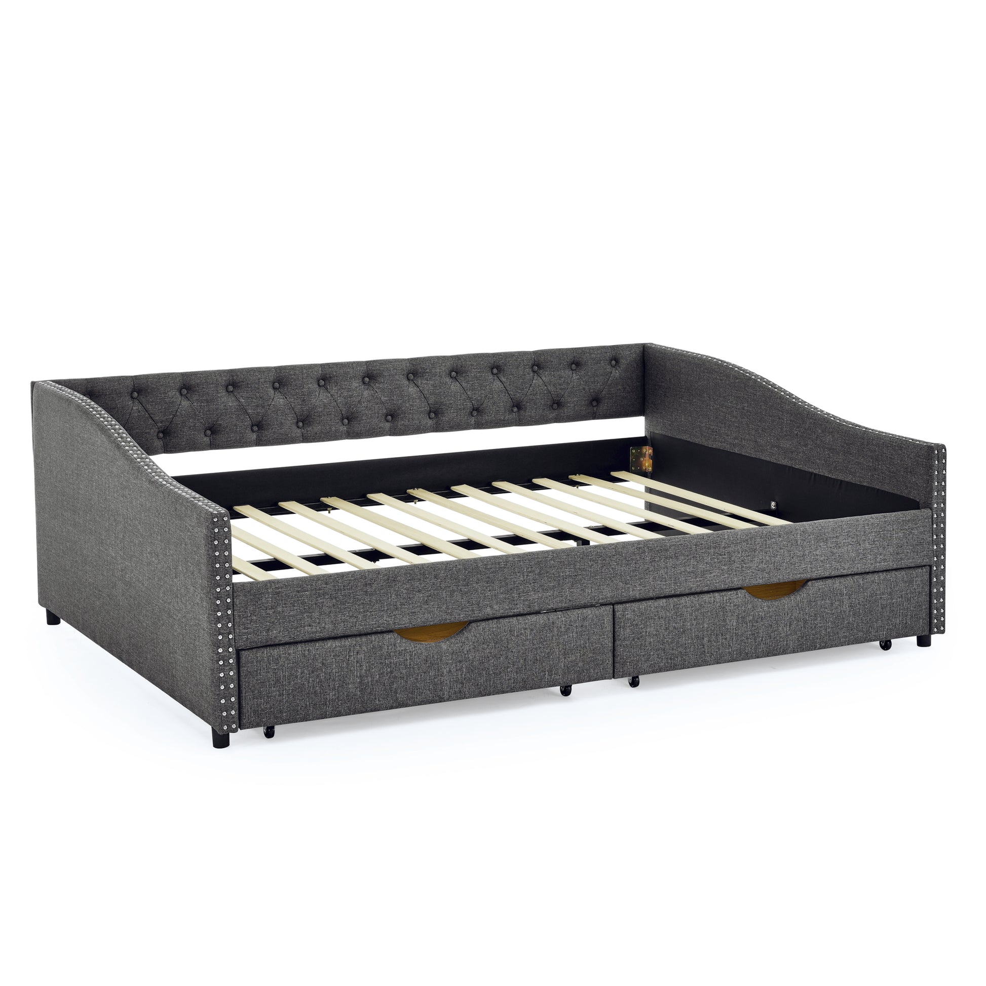 Queen Size Daybed With Drawers Upholstered Tufted Sofa Bed,With Button On Back And Copper Nail On Waved Shape Arms 84.5"X63.5"X26.5" Dark Grey Linen