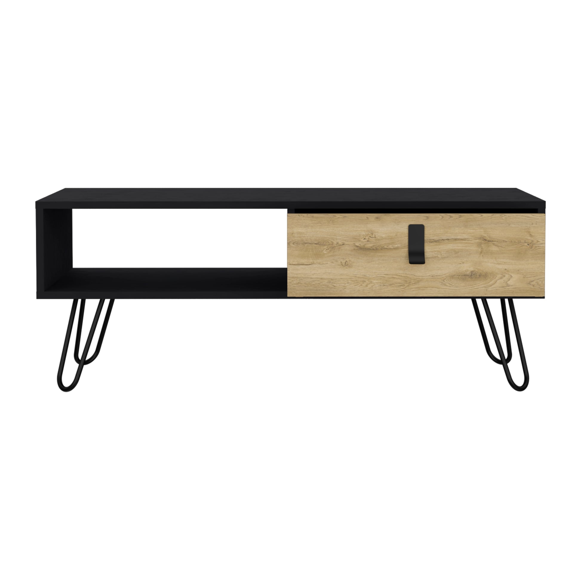 15" H Rectangular White Macadamia Coffee Table, 4 Vintage Metal Legs, 1 Vertical Divider For Designer Books, And 1 Drawer For Storing Small Things. Black Multi Particle Board Pine