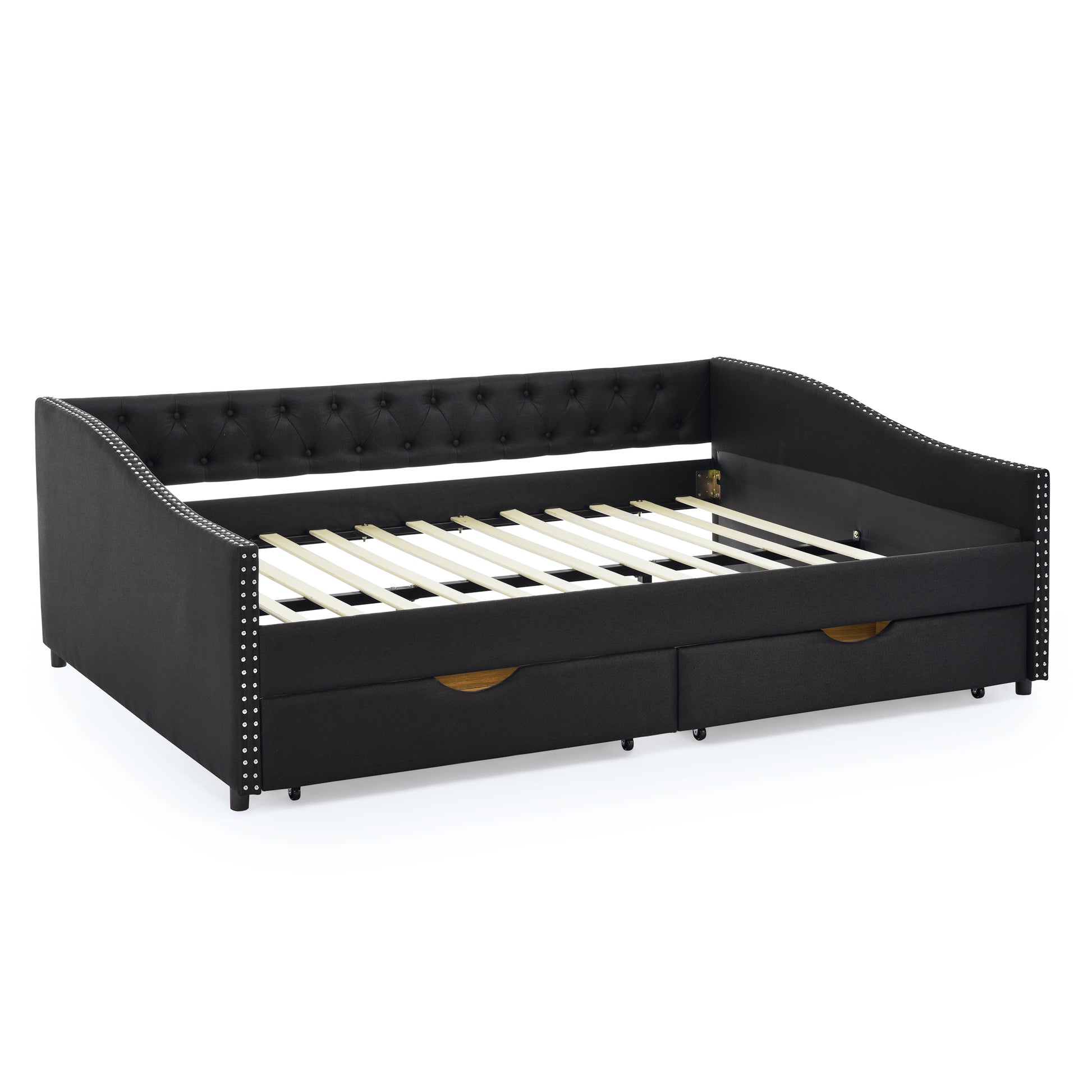 Queen Size Daybed With Drawers Upholstered Tufted Sofa Bed,With Button On Back And Copper Nail On Waved Shape Arms 84.5"X63.5"X26.5" Black Linen