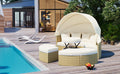 Patio Furniture Round Outdoor Sectional Sofa Set Rattan Daybed Two Tone Weave Sunbed With Retractable Canopy, Separate Seating And Removable Cushion, Beige Yes Sectional Beige Weather Resistant Frame Water Resistant Cushion Garden & Outdoor Luxury