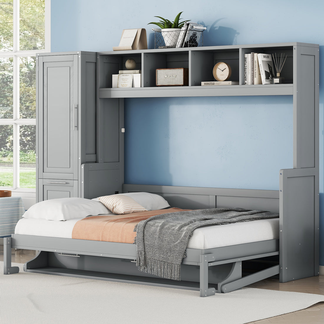 Full Size Murphy Bed Wall Bed With Closet And Drawers,Gray Gray Mdf Lvl