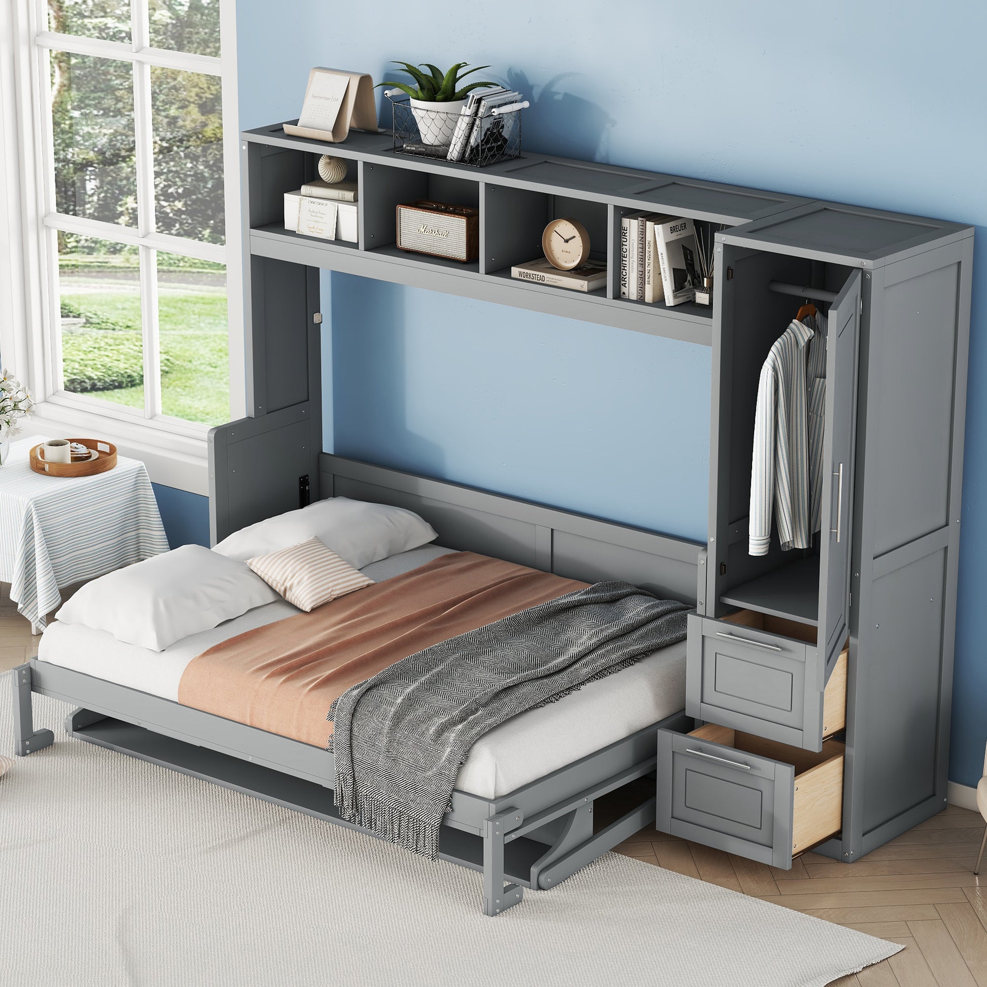 Full Size Murphy Bed Wall Bed With Closet And Drawers,Gray Gray Mdf Lvl