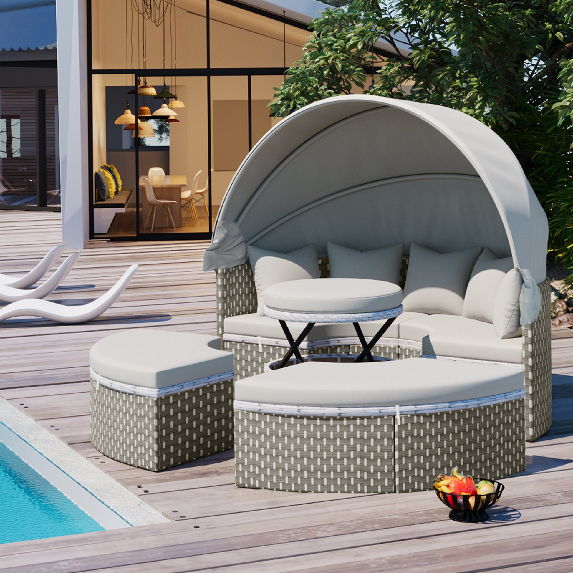 Patio Furniture Round Outdoor Sectional Sofa Set Rattan Daybed Two Tone Weave Sunbed With Retractable Canopy, Separate Seating And Removable Cushion, Gray Yes Sectional Gray Weather Resistant Frame Water Resistant Cushion Garden & Outdoor Luxury