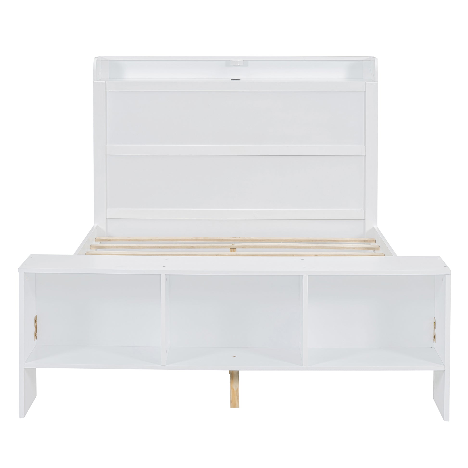 Full Size Platform Bed With Built In Shelves, Led Light And Usb Ports, White White Mdf Lvl