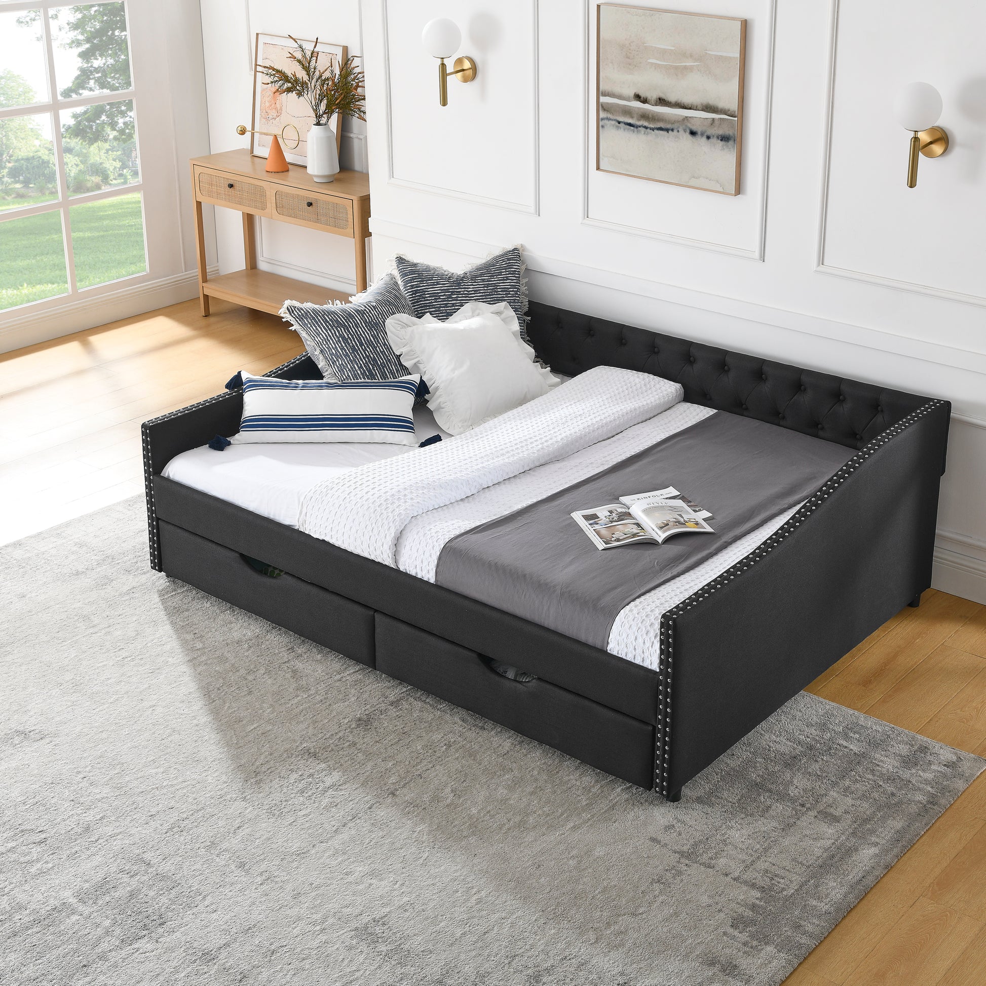 Queen Size Daybed With Drawers Upholstered Tufted Sofa Bed,With Button On Back And Copper Nail On Waved Shape Arms 84.5"X63.5"X26.5" Black Linen