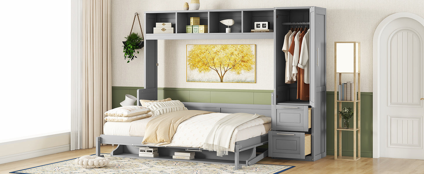 Queen Size Murphy Bed Wall Bed With Closet And Drawers,Gray Gray Mdf Lvl