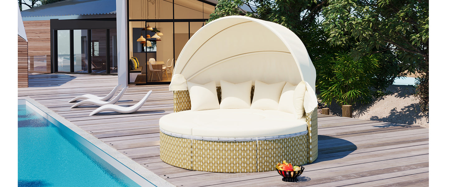 Patio Furniture Round Outdoor Sectional Sofa Set Rattan Daybed Two Tone Weave Sunbed With Retractable Canopy, Separate Seating And Removable Cushion, Beige Yes Sectional Beige Weather Resistant Frame Water Resistant Cushion Garden & Outdoor Luxury