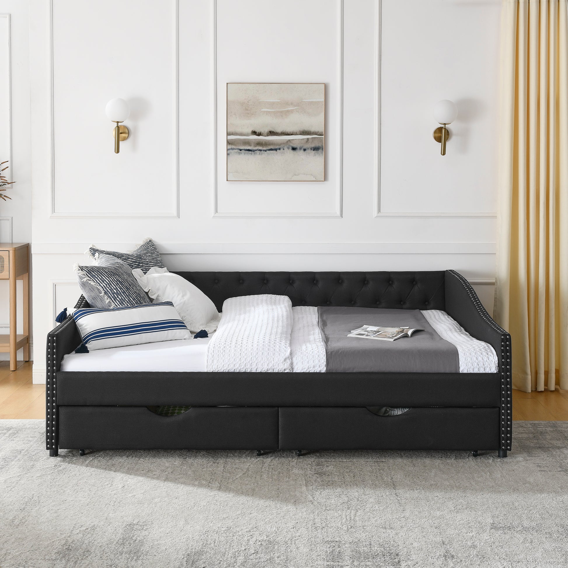 Queen Size Daybed With Drawers Upholstered Tufted Sofa Bed,With Button On Back And Copper Nail On Waved Shape Arms 84.5"X63.5"X26.5" Black Linen