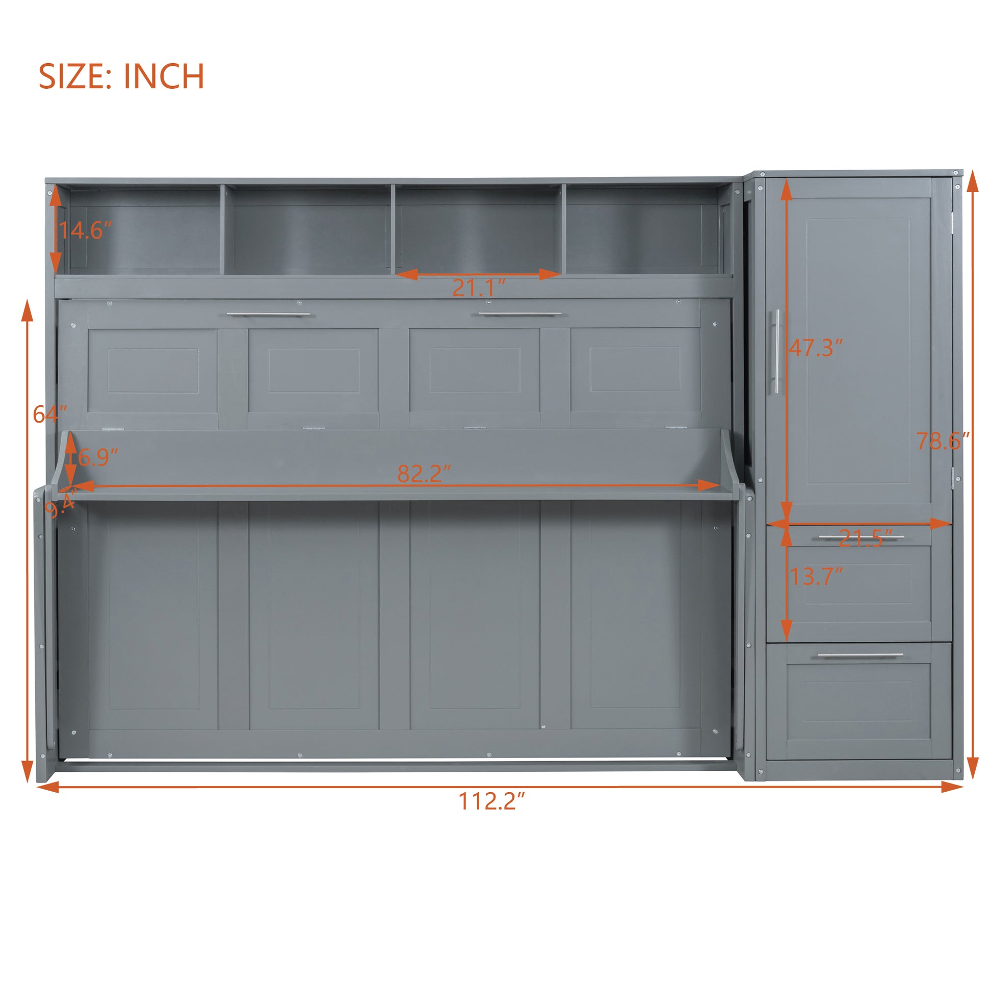 Queen Size Murphy Bed Wall Bed With Closet And Drawers,Gray Gray Mdf Lvl