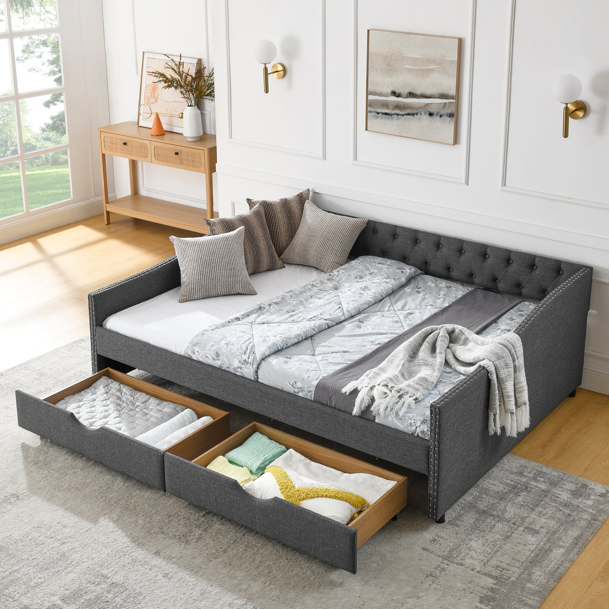Queen Size Daybed With Drawers Upholstered Tufted Sofa Bed,With Button On Back And Copper Nail On Waved Shape Arms 84.5"X63.5"X26.5" Dark Grey Linen
