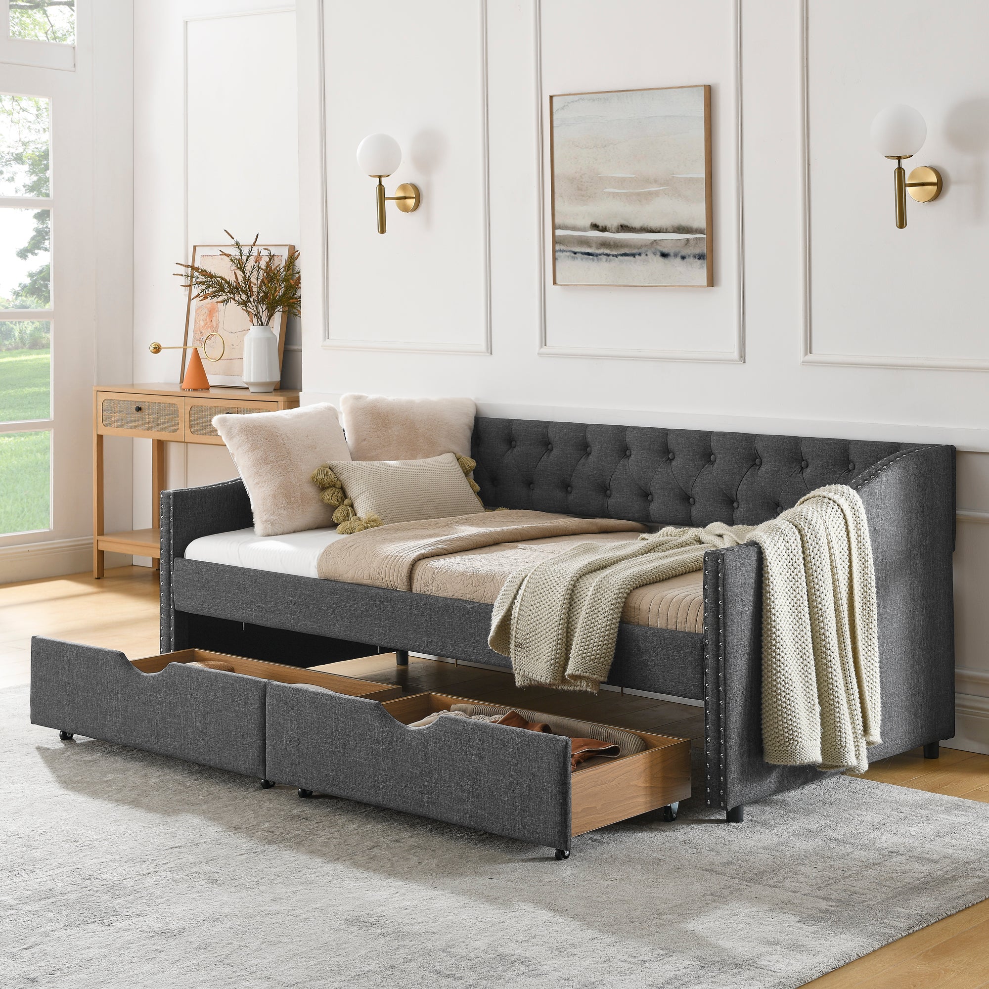 Twin Size Daybed With Drawers Upholstered Tufted Sofa Bed, With Button On Back And Copper Nail On Waved Shape Arms 81.5''X4''X30.5'' Dark Grey Linen