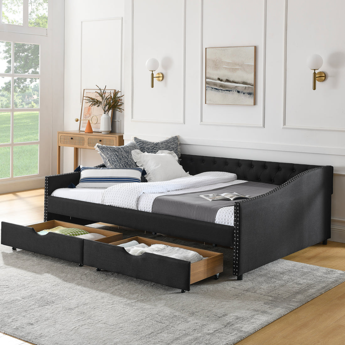 Queen Size Daybed With Drawers Upholstered Tufted Sofa Bed,With Button On Back And Copper Nail On Waved Shape Arms 84.5"X63.5"X26.5" Black Linen