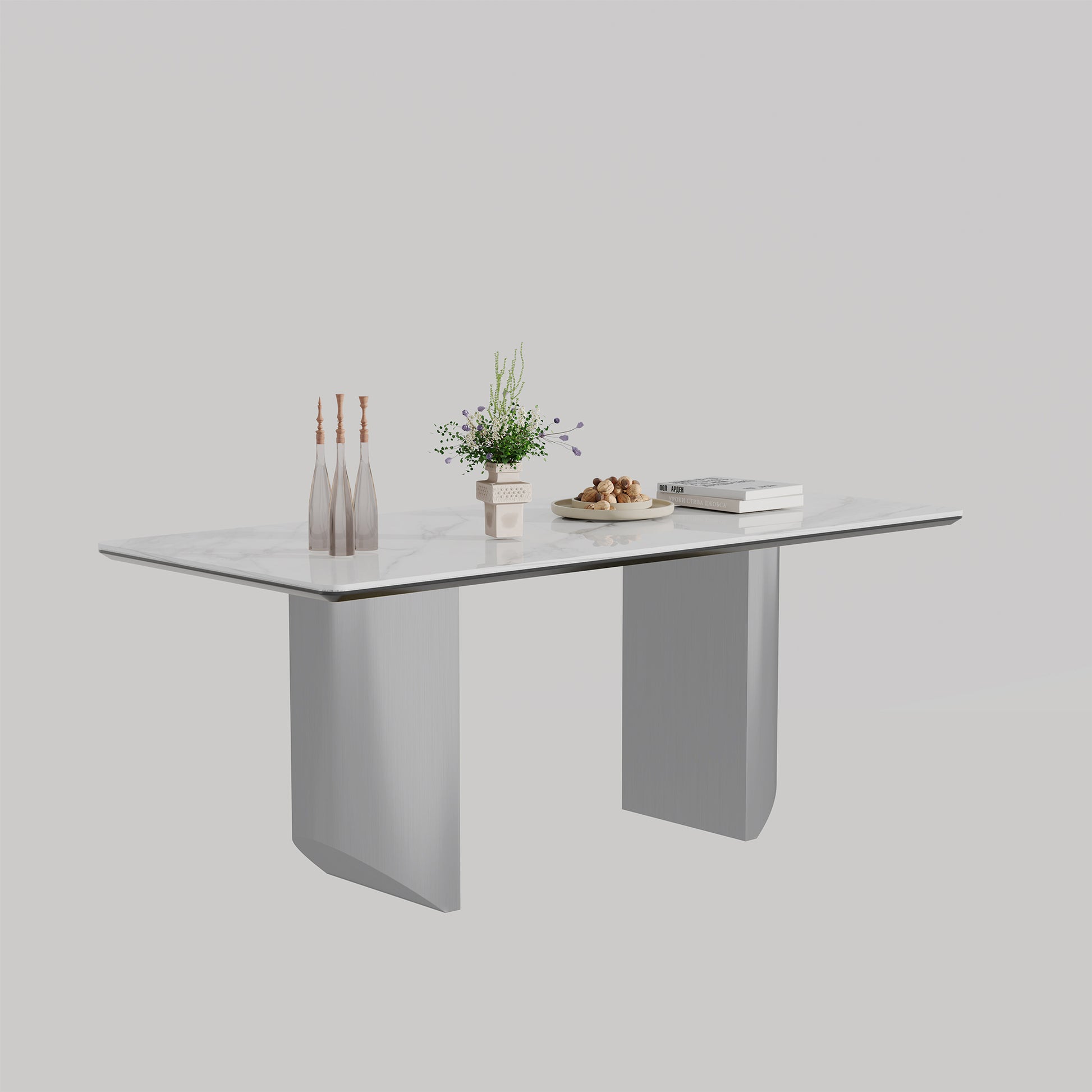 0.47" Thick Sintered Stone Composite Tempered Glass Top Dining Table With Stainless Steel Base Silver Sintered Stone