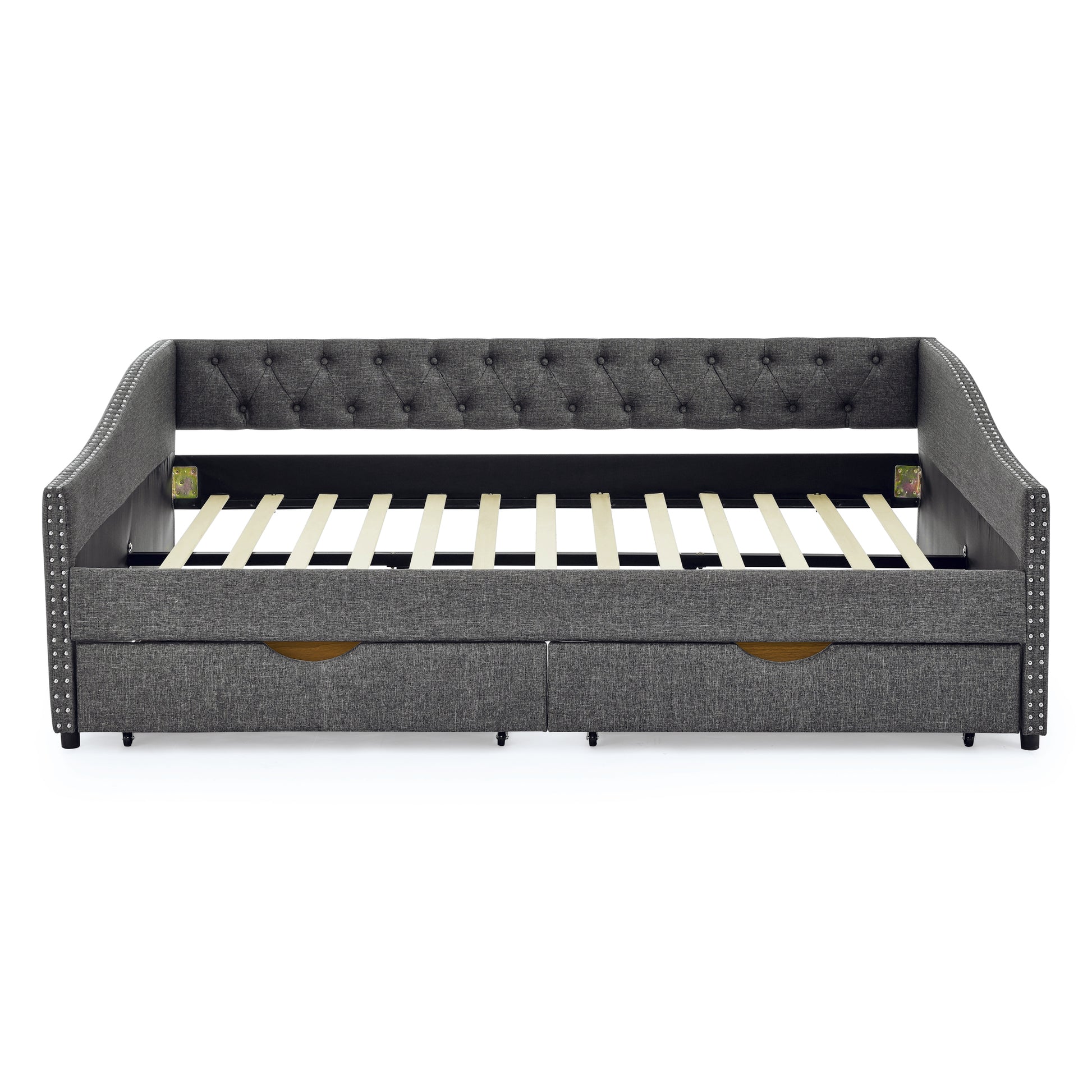 Queen Size Daybed With Drawers Upholstered Tufted Sofa Bed,With Button On Back And Copper Nail On Waved Shape Arms 84.5"X63.5"X26.5" Dark Grey Linen