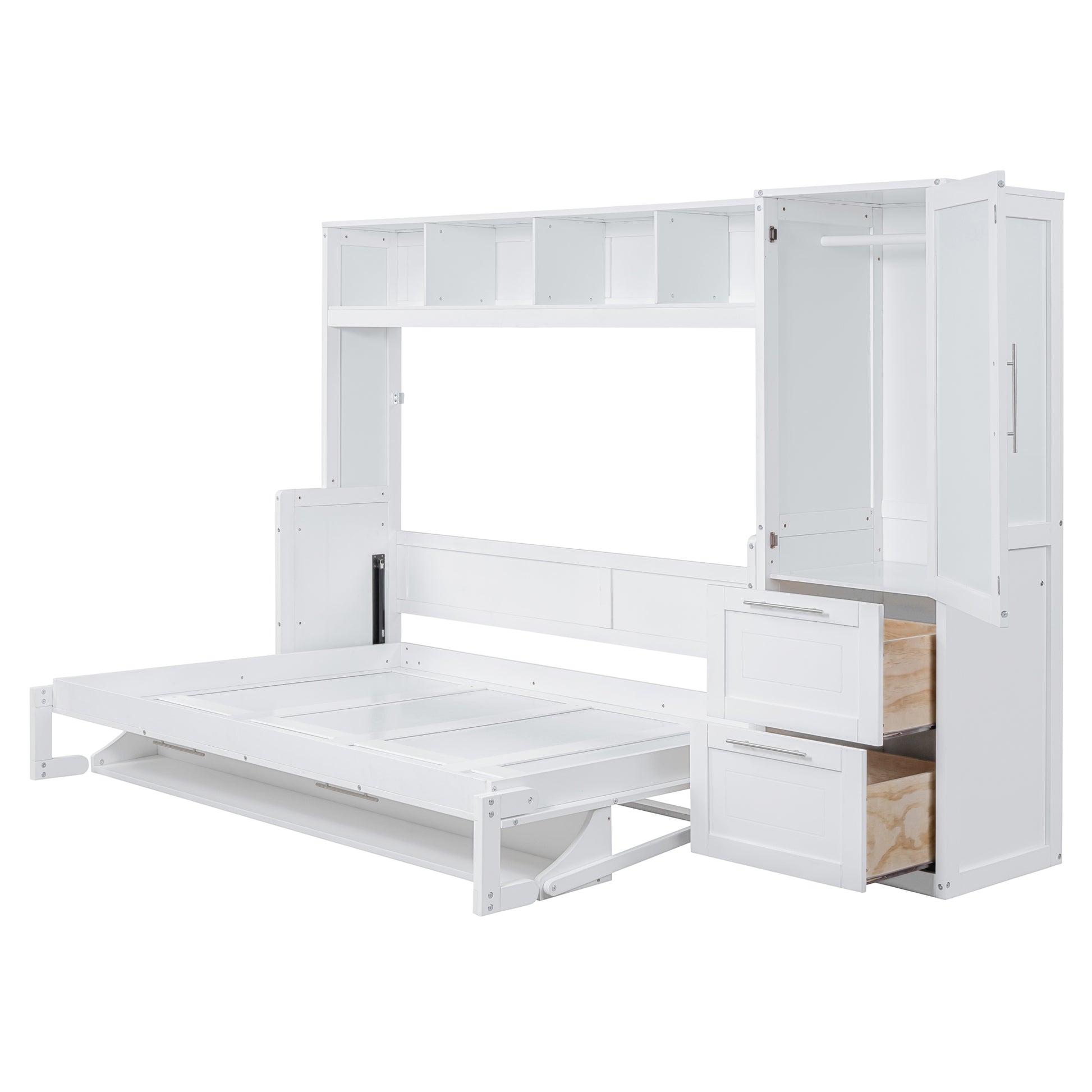 Full Size Murphy Bed Wall Bed With Closet And Drawers,White White Mdf Lvl