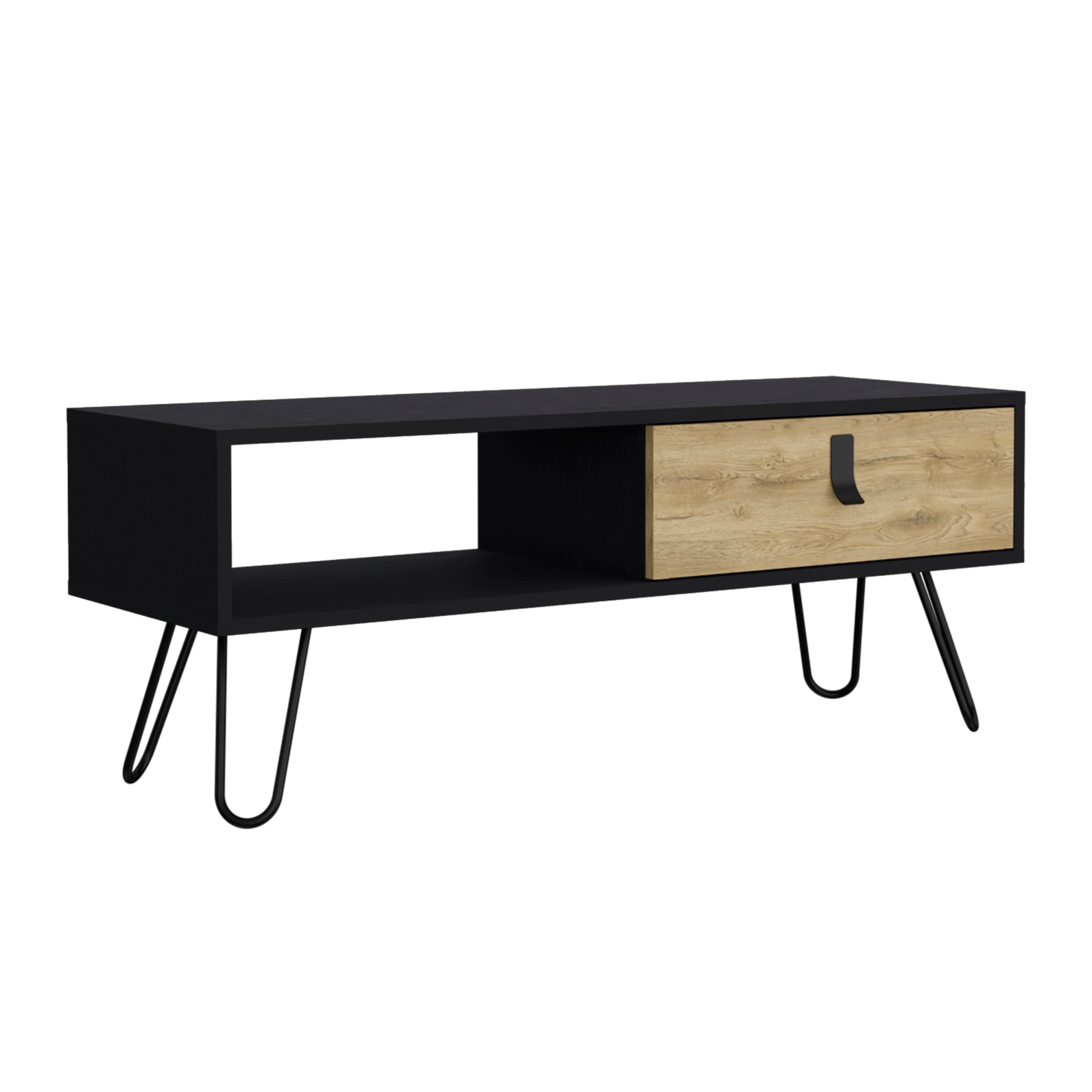 15" H Rectangular White Macadamia Coffee Table, 4 Vintage Metal Legs, 1 Vertical Divider For Designer Books, And 1 Drawer For Storing Small Things. Black Multi Particle Board Pine