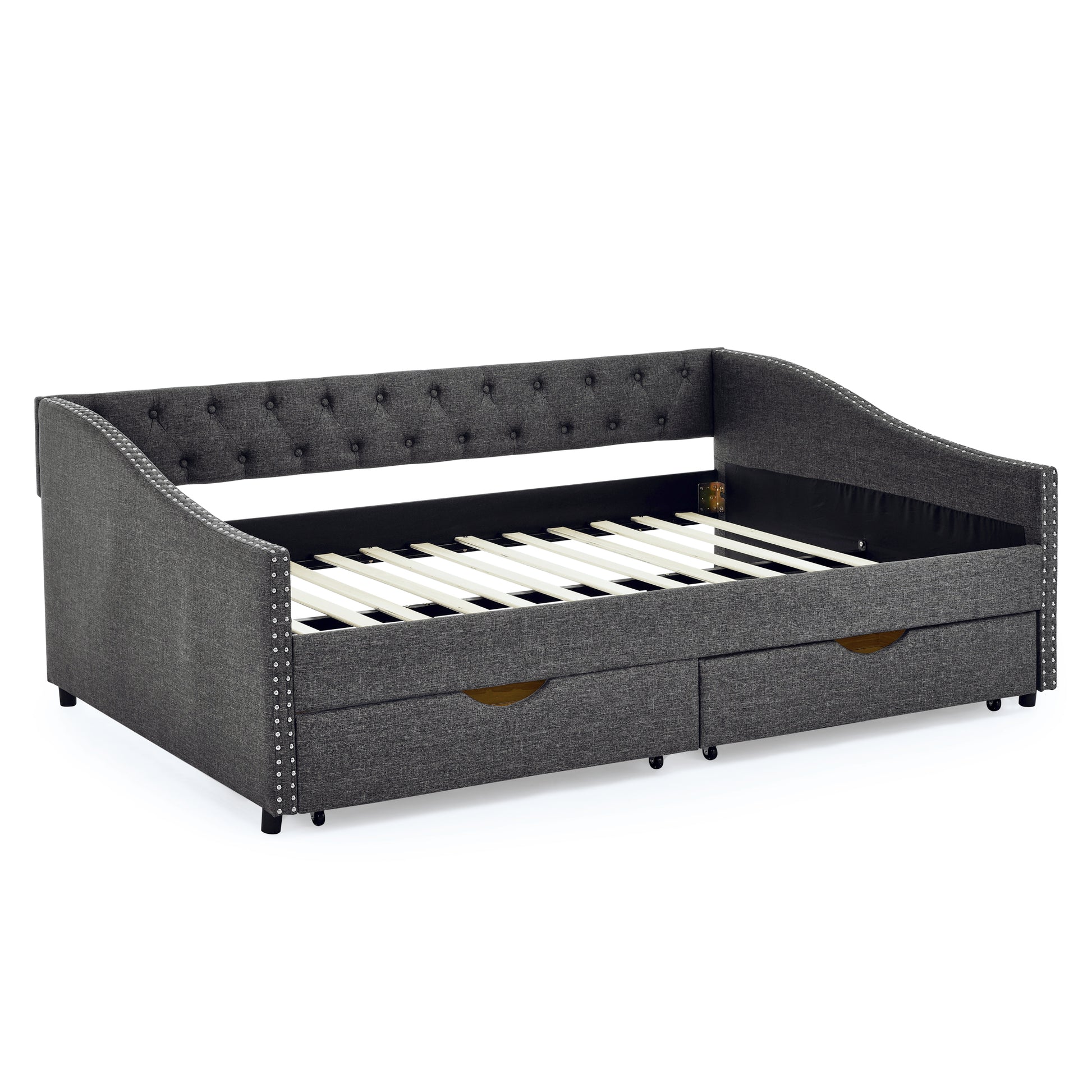 Full Size Daybed With Drawers Upholstered Tufted Sofa Bed, With Button On Back And Copper Nail On Waved Shape Arms 80.5''X55.5''X27.5'' Dark Grey Linen