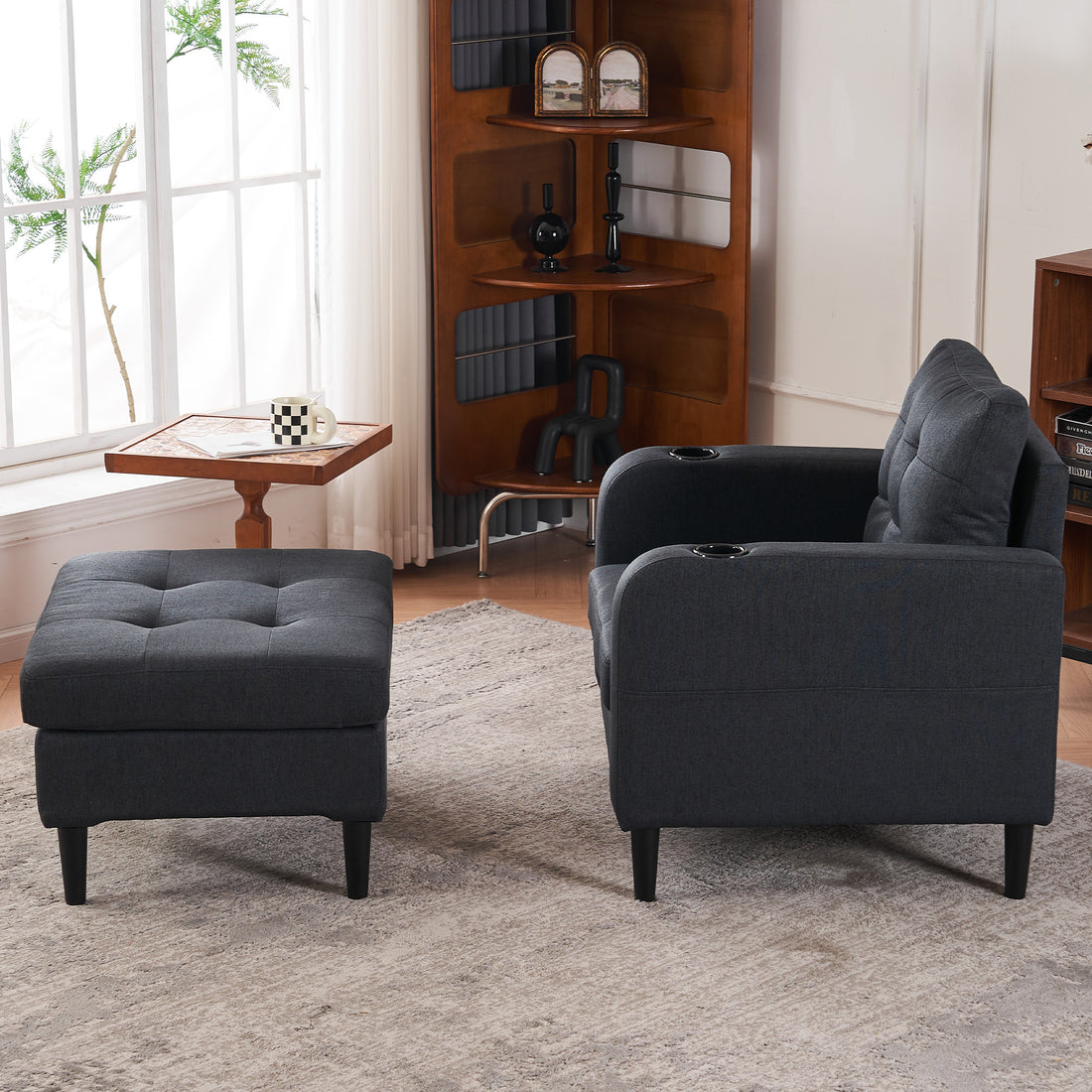 Dark Gray Upholstered Armchair And Storage Ottoman Set Comfortable Single Sofa With Cup Holders And Tufted Detailing, Ideal For Living Room Or Bedroom Dark Gray Foam Metal