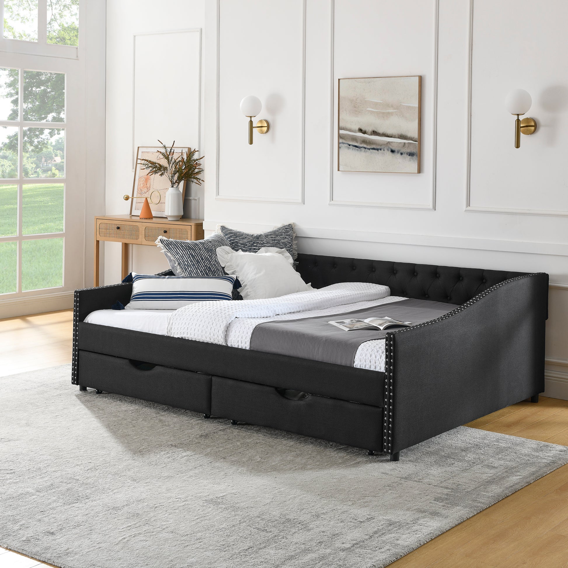 Queen Size Daybed With Drawers Upholstered Tufted Sofa Bed,With Button On Back And Copper Nail On Waved Shape Arms 84.5"X63.5"X26.5" Black Linen