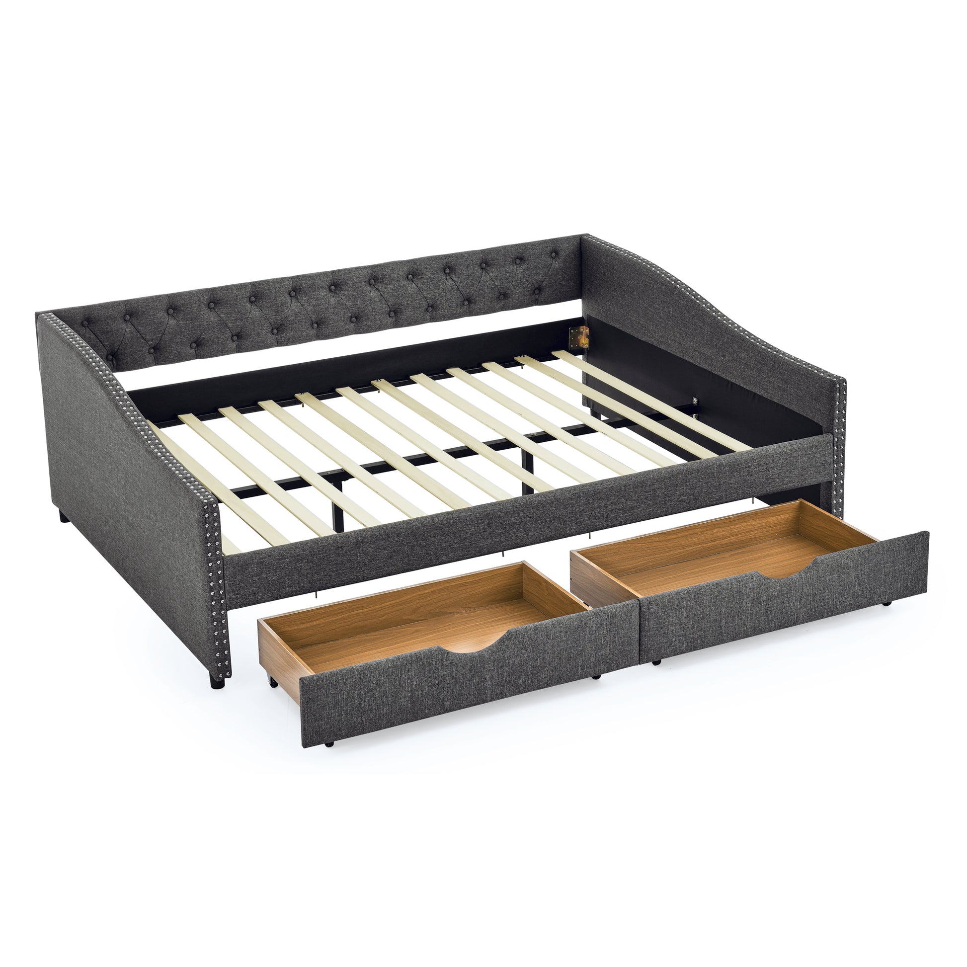 Queen Size Daybed With Drawers Upholstered Tufted Sofa Bed,With Button On Back And Copper Nail On Waved Shape Arms 84.5"X63.5"X26.5" Dark Grey Linen