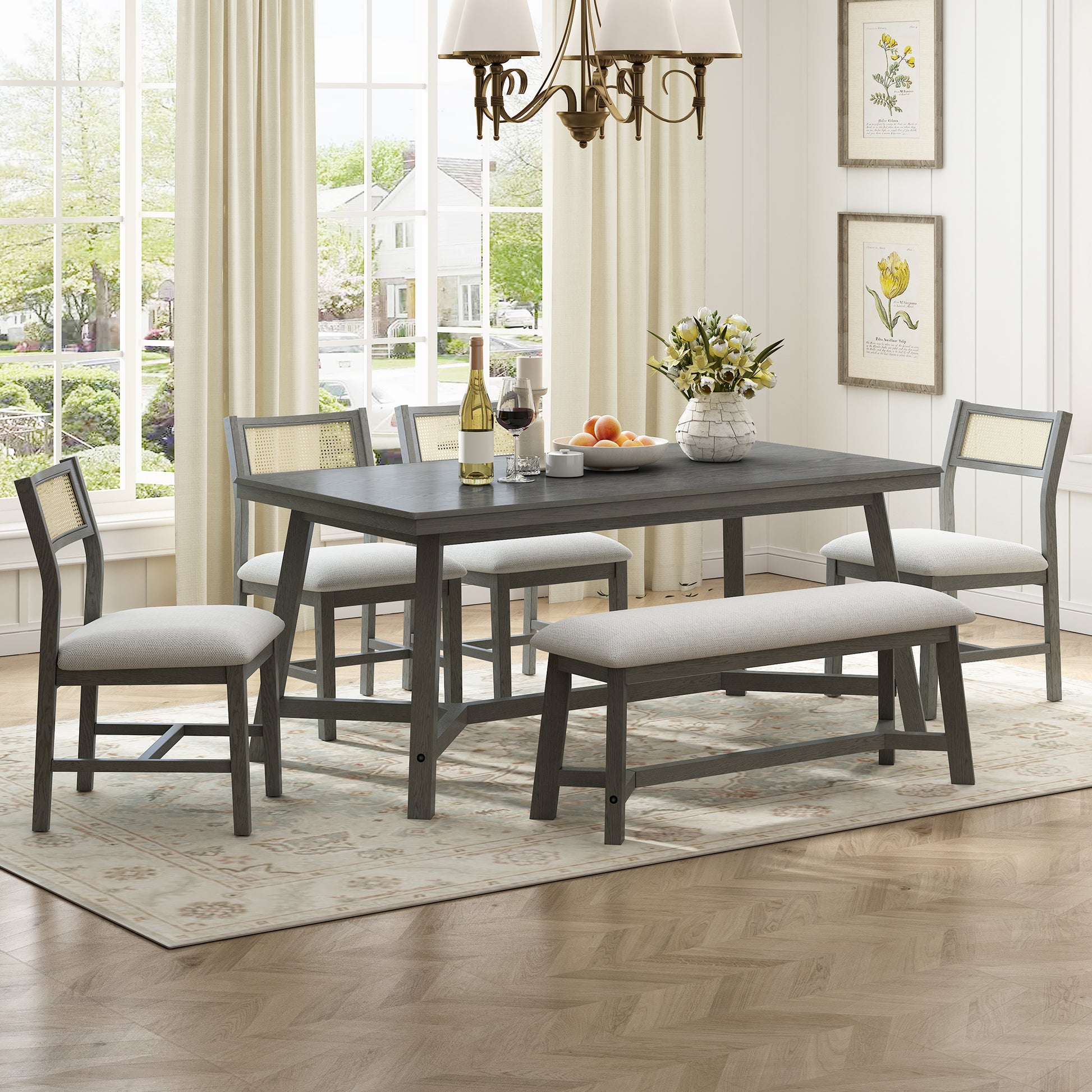 6 Piece Retro Farmhouse Style Dining Set, Rectangular Table And 4 Upholstered Chairs With Rattan And Bench For Dining Room And Kitchen Gray Gray Solid Wood Mdf